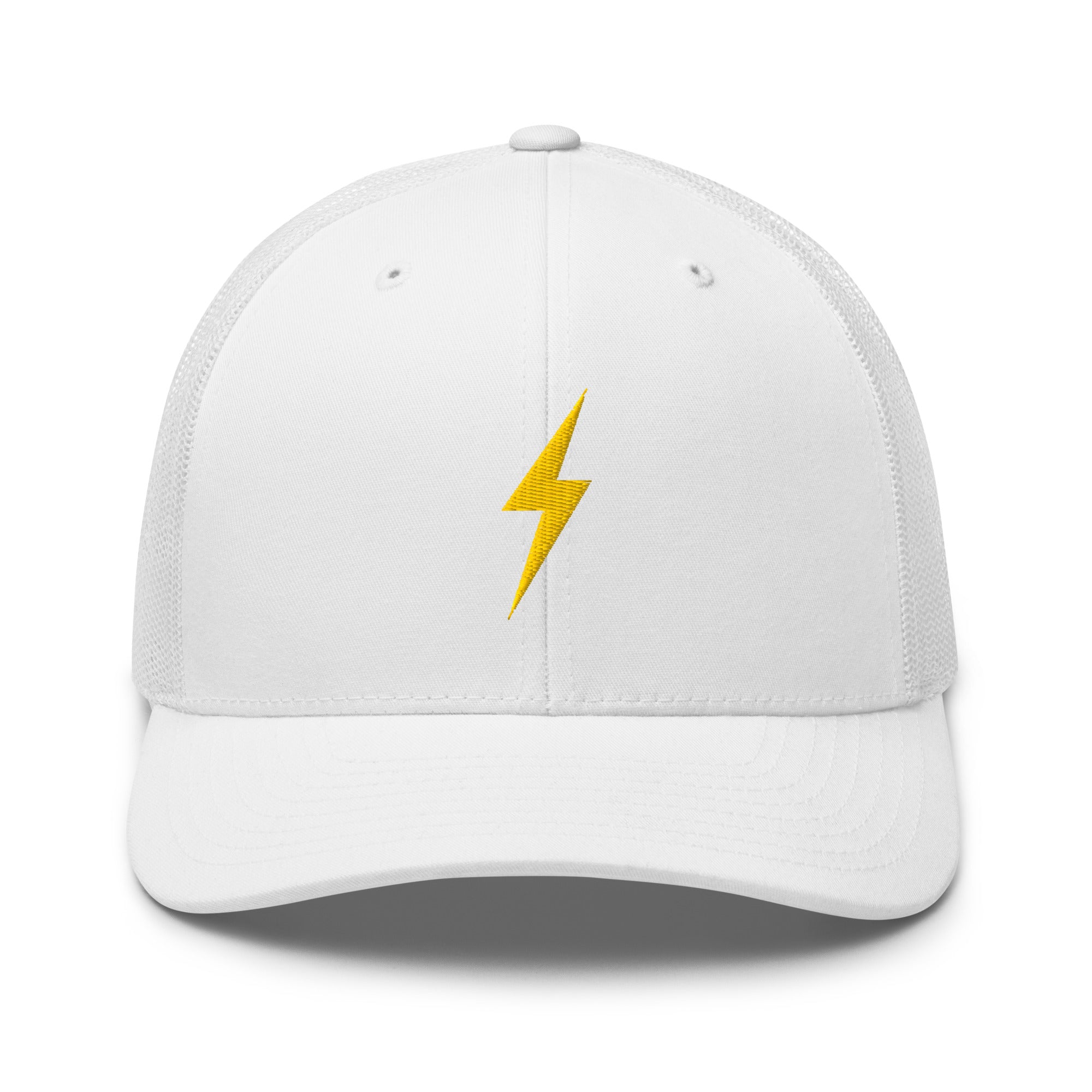 White trucker hat with a yellow lightning bolt design on front panel