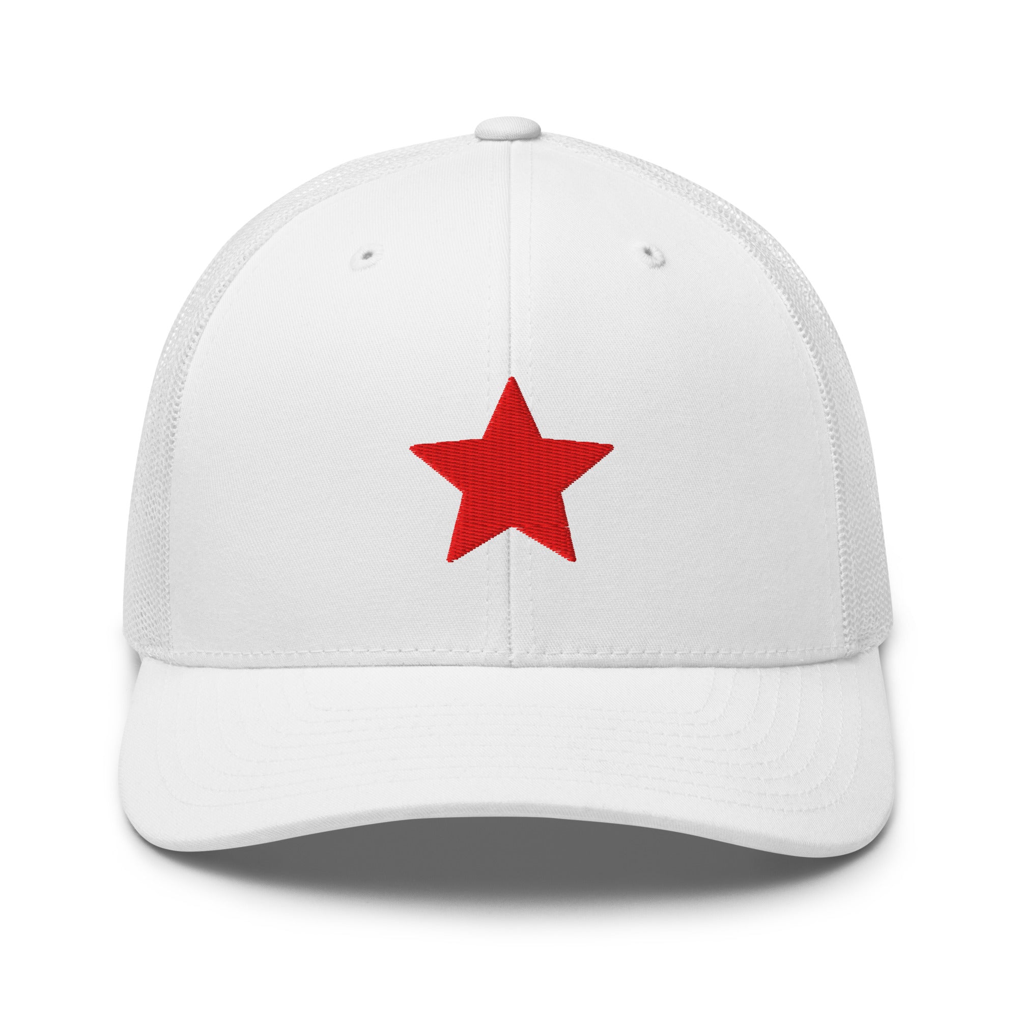 White truckers hat with an embroidered red star, structured front, mesh back, and adjustable fit by Kicks Shoelaces