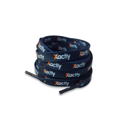 Black custom shoelaces with 'Xactly' branding by Kicks Shoelaces