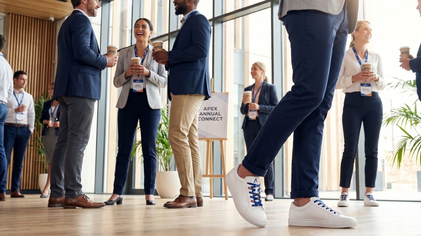 Professionals wearing branded shoelaces at a corporate networking event