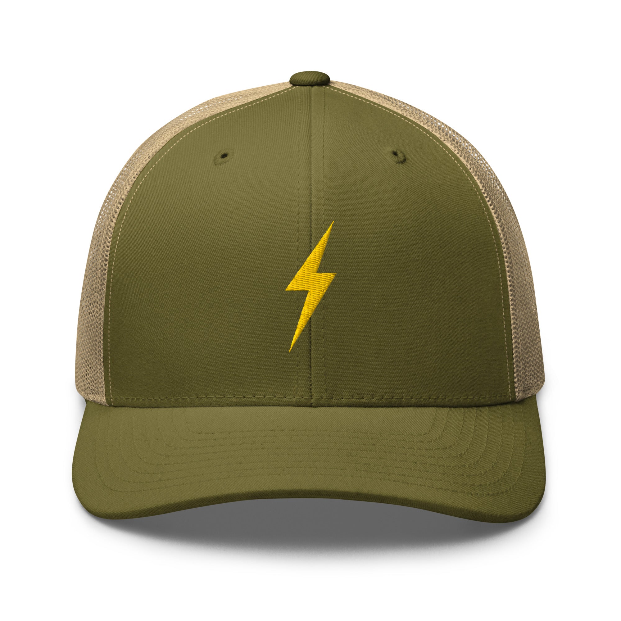 Army green trucker hat with a yellow lightning bolt design on front panel