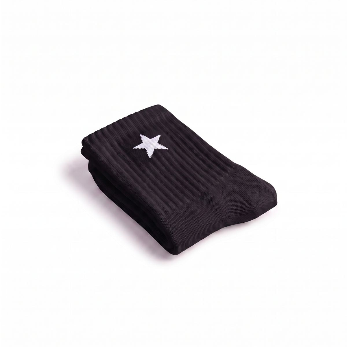 Folded Black Crew Sock with a white star design, ideal for everyday wear and athletic comfort.