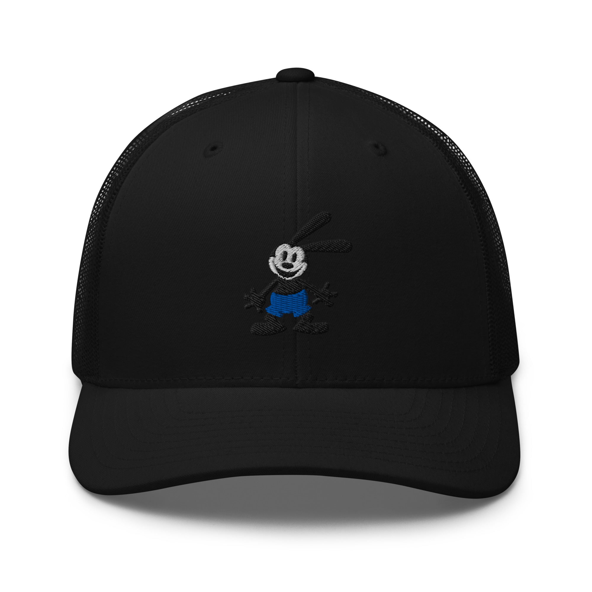 Black retro trucker hat featuring a 1928 Oswald design from Disney’s early animation era