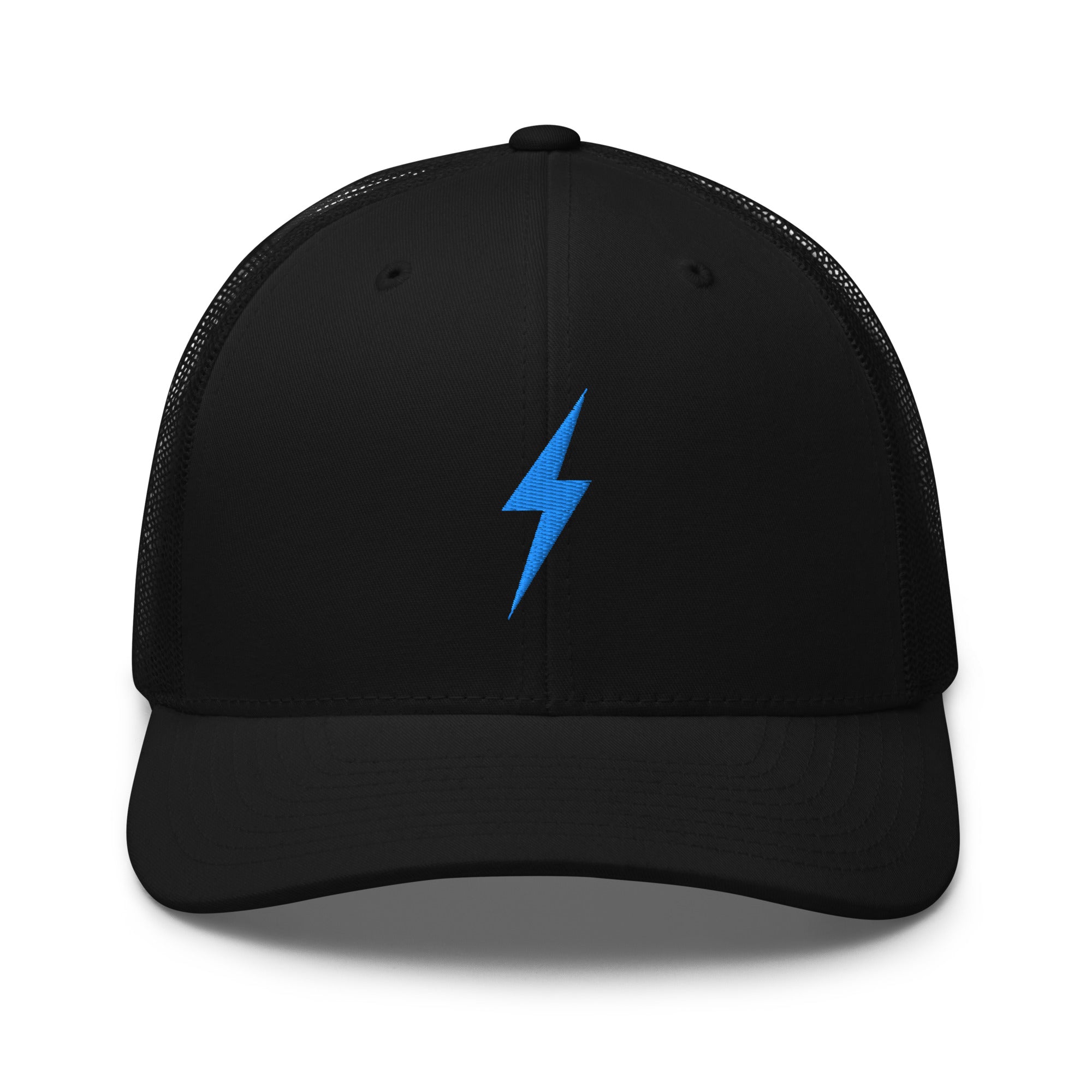 Black trucker hat with an embroidered sky blue lightning bolt design on front panel.