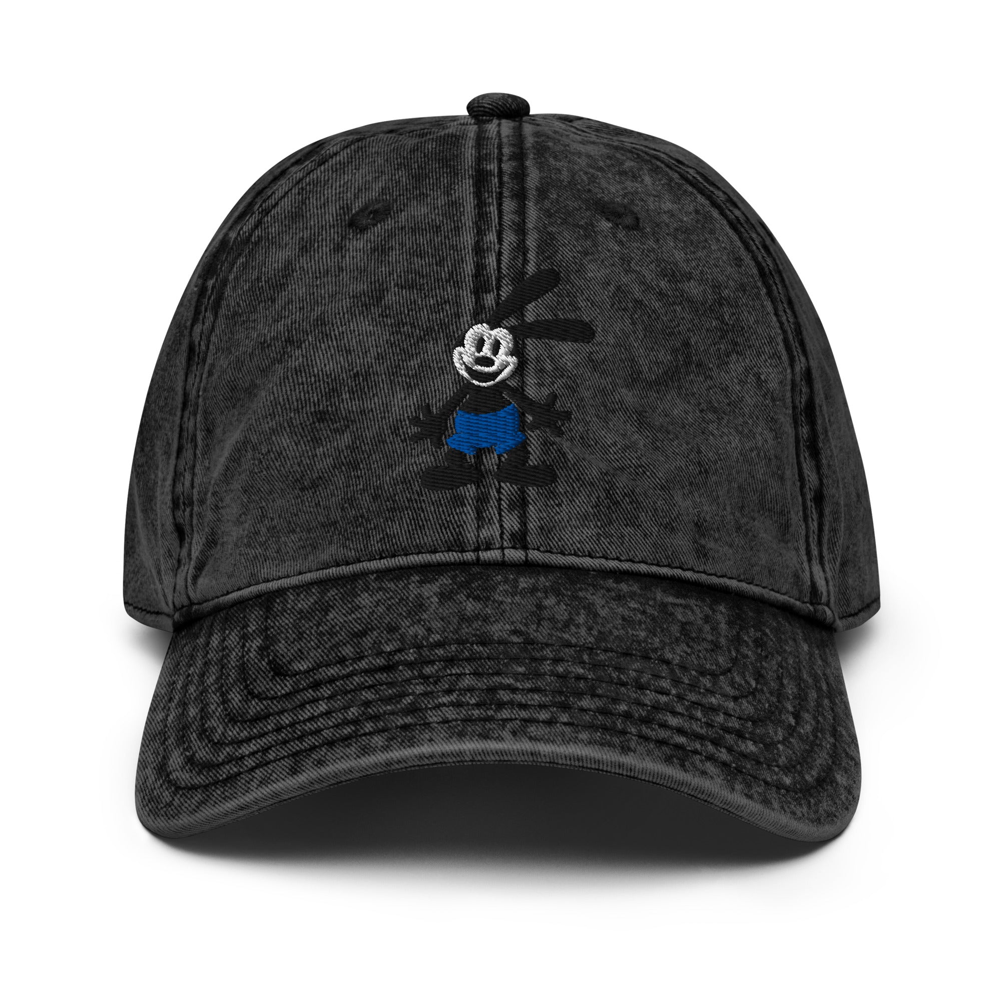 Black vintage cap featuring a 1928 Oswald design from Disney’s early animation era on a washed-out hat