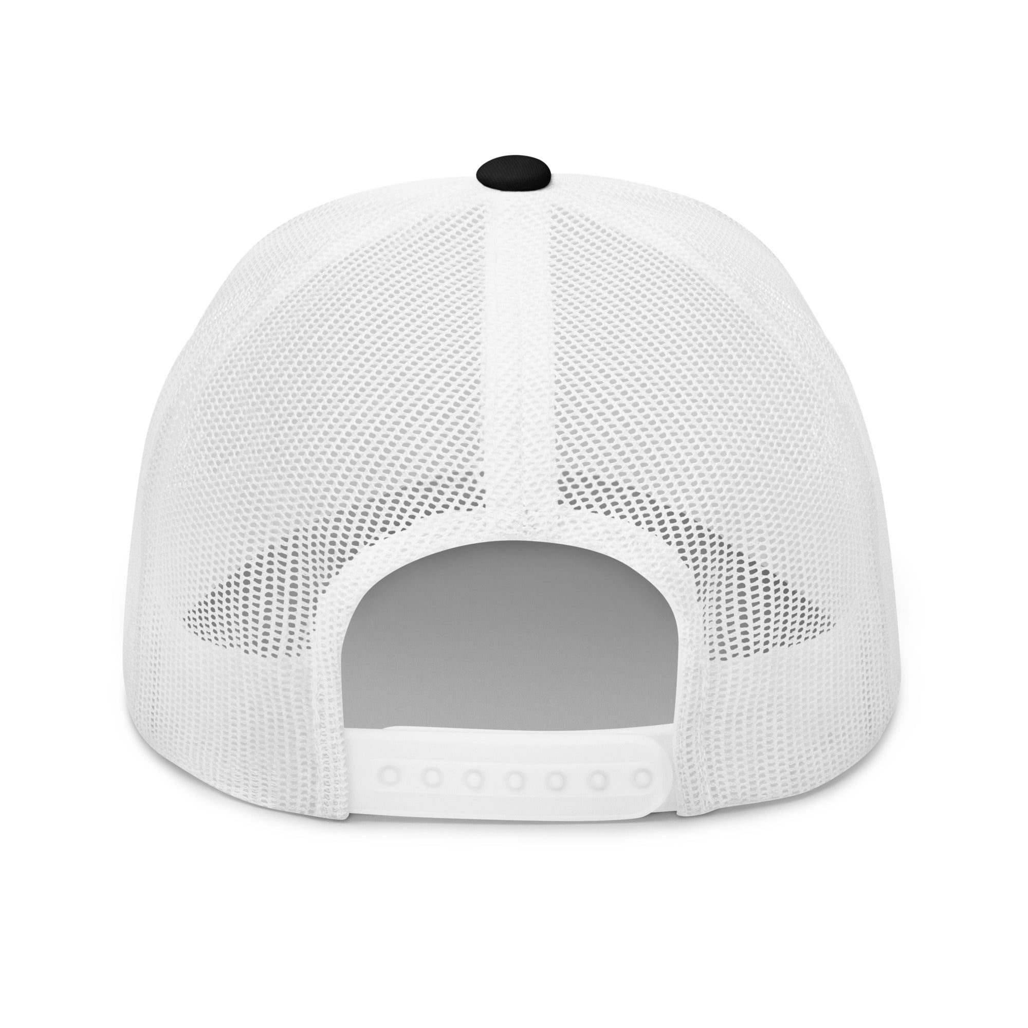 Rear view of black and white truckers hat with adjustable snapback closure