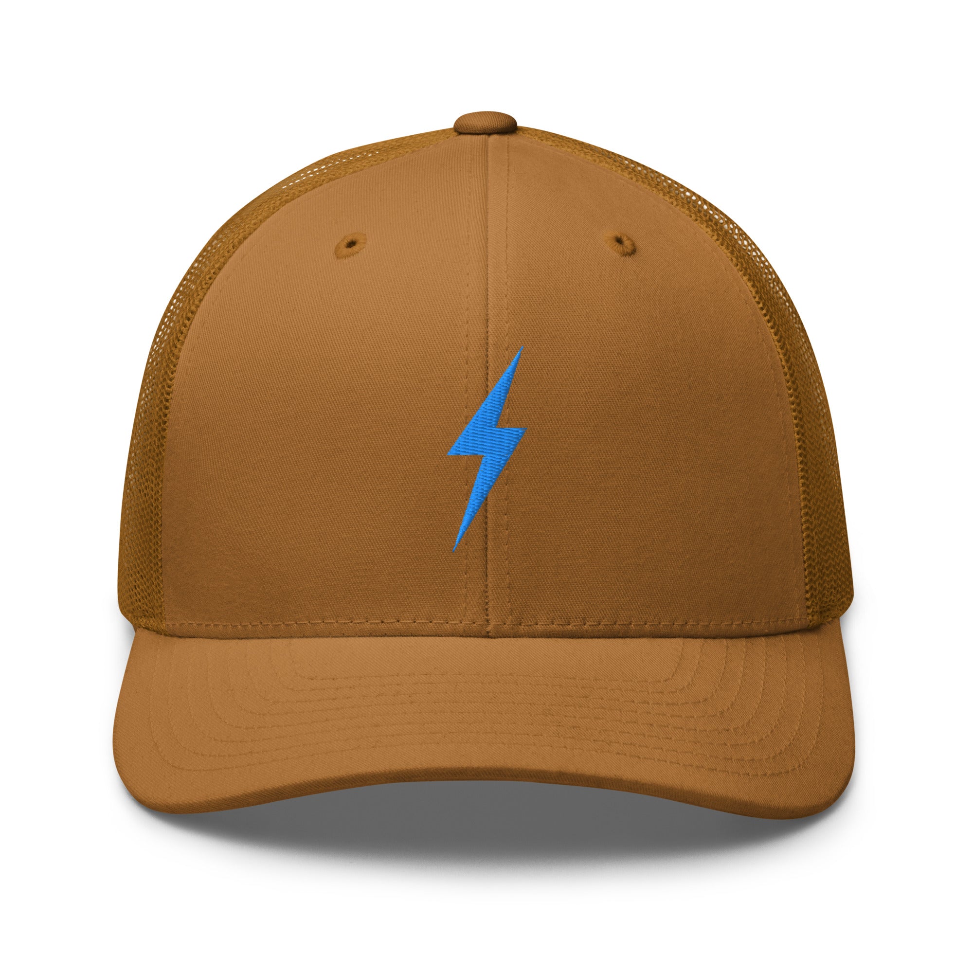 Caramel trucker hat with an embroidered sky blue lightning bolt design on the front panely 