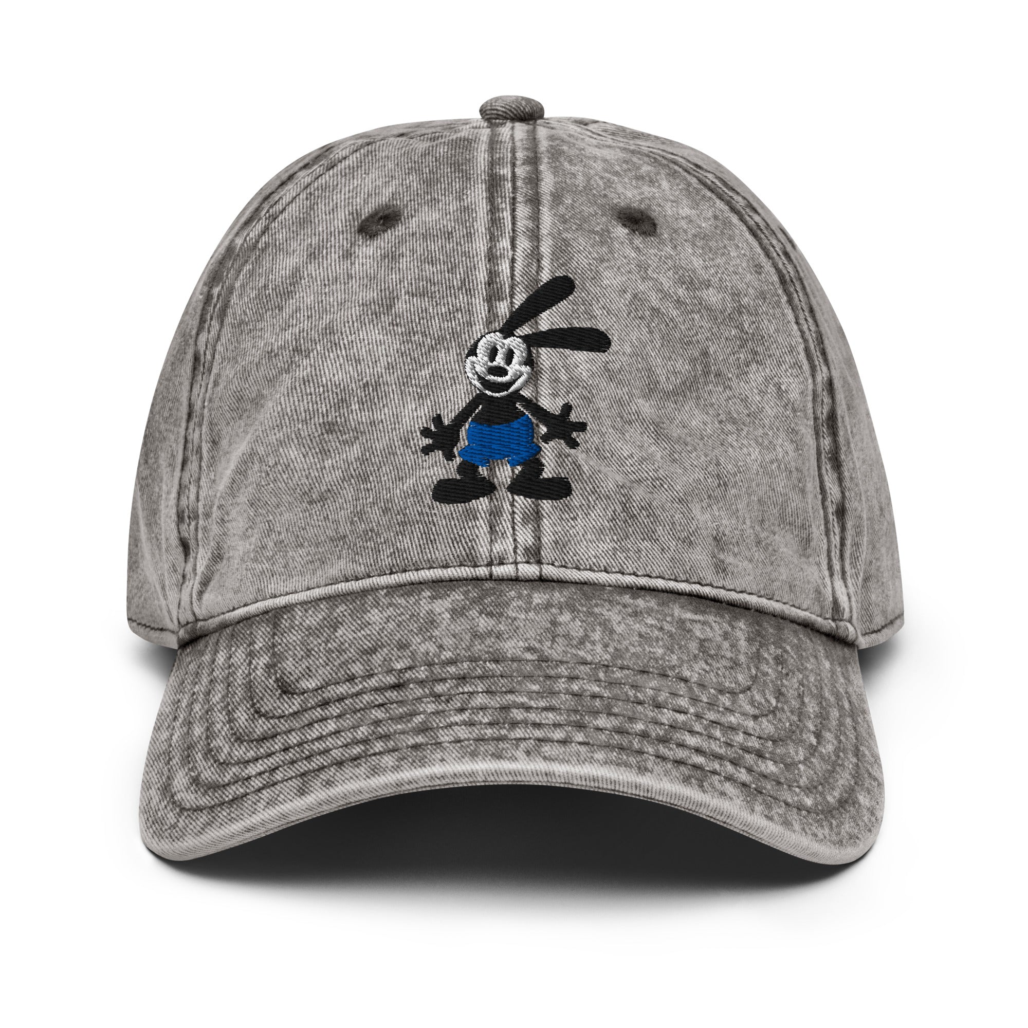 Charcoal vintage cap featuring a 1928 Oswald design from Disney’s early animation era on a washed-out hat