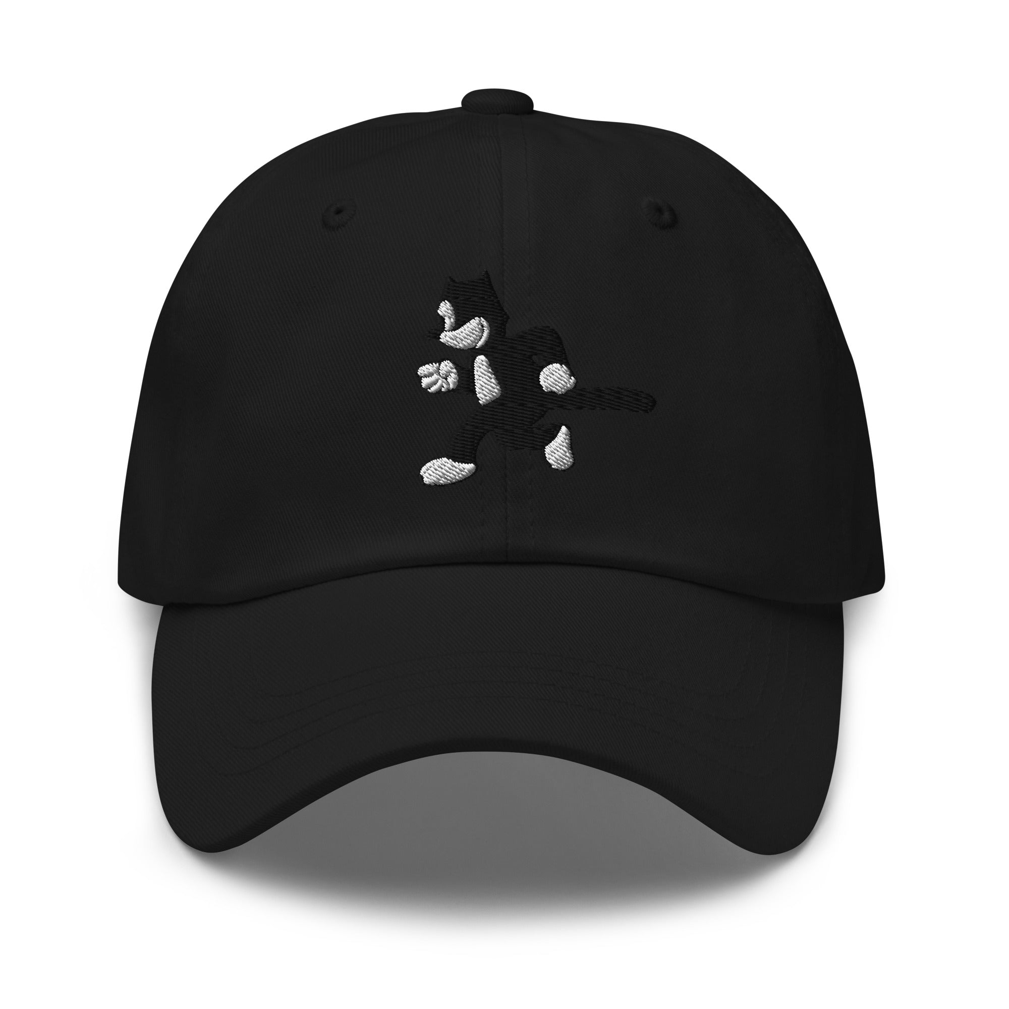 Black dad hat featuring a 1925 Julius the Cat design from Disney’s early animation era
