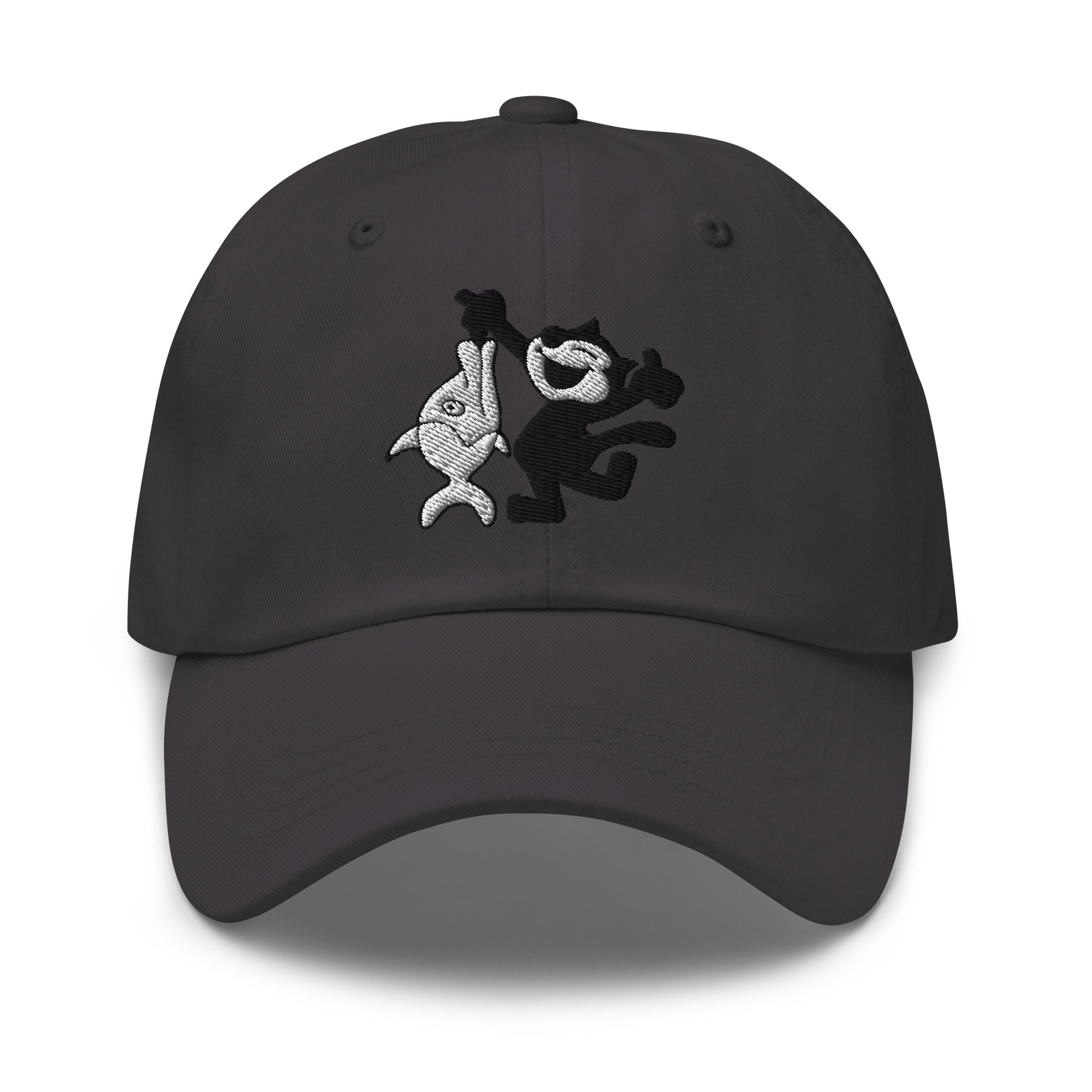 Dark grey dad hat featuring a 1920 Felix the Cat fishing design from Disney’s early animation era