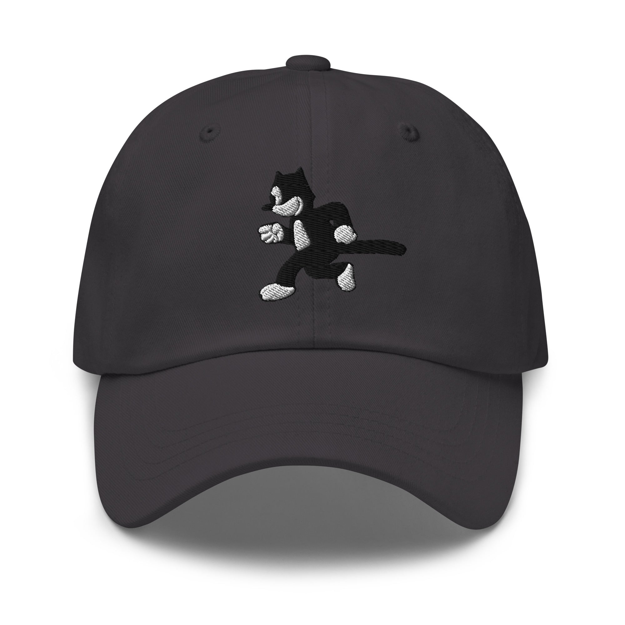 Dark Grey dad hat featuring a 1925 Julius the Cat design from Disney’s early animation era