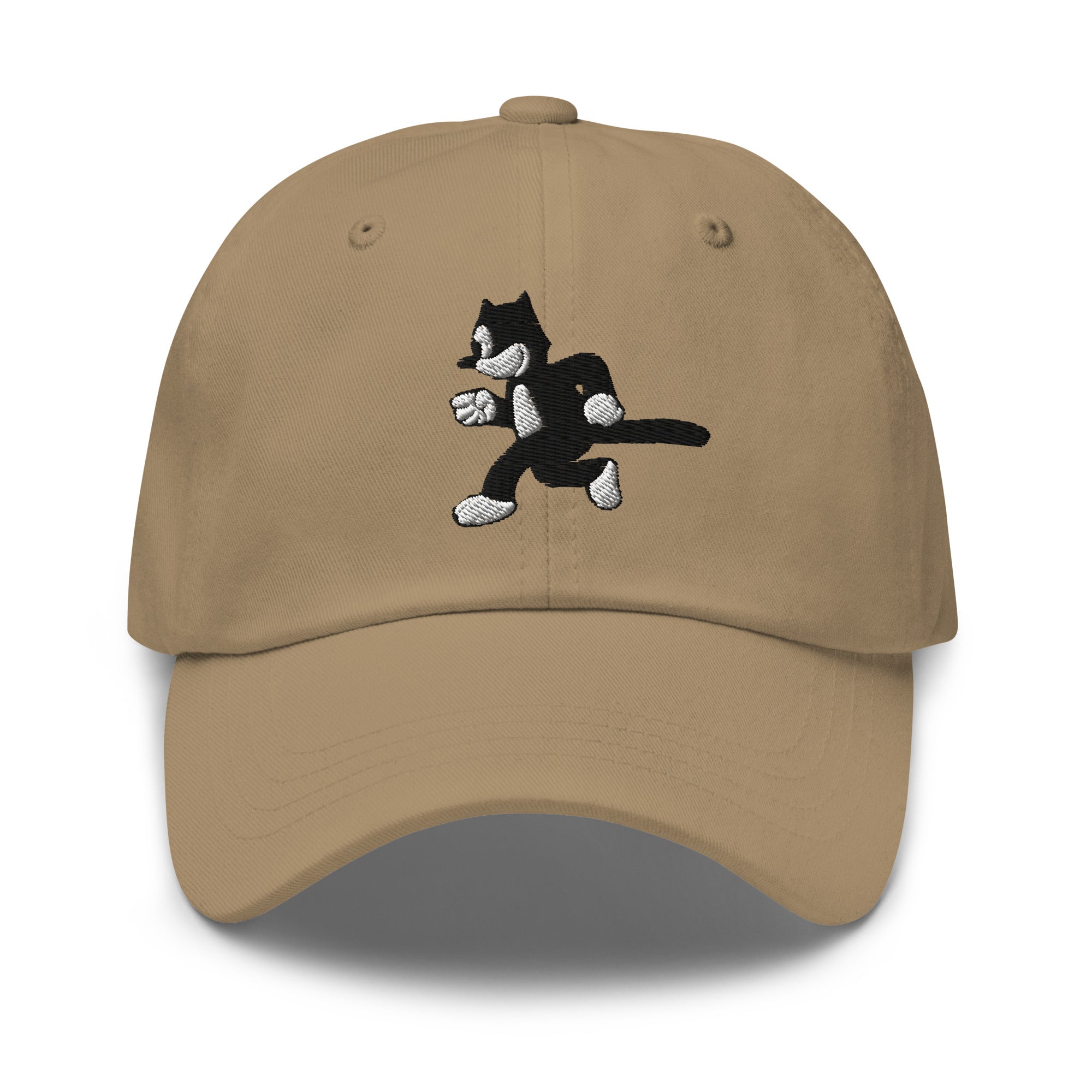 Khaki dad hat featuring a 1925 Julius the Cat design from Disney’s early animation era