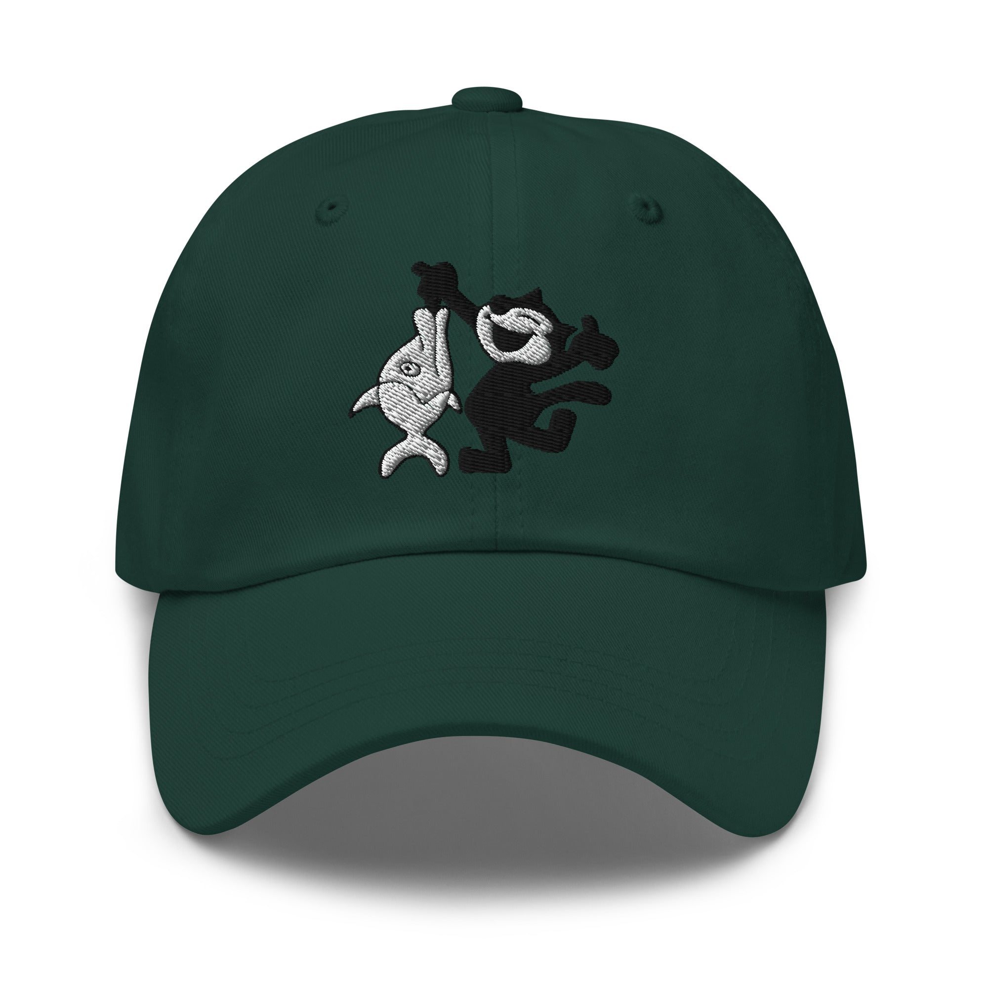 Green dad hat featuring a 1920 Felix the Cat fishing design from Disney’s early animation era