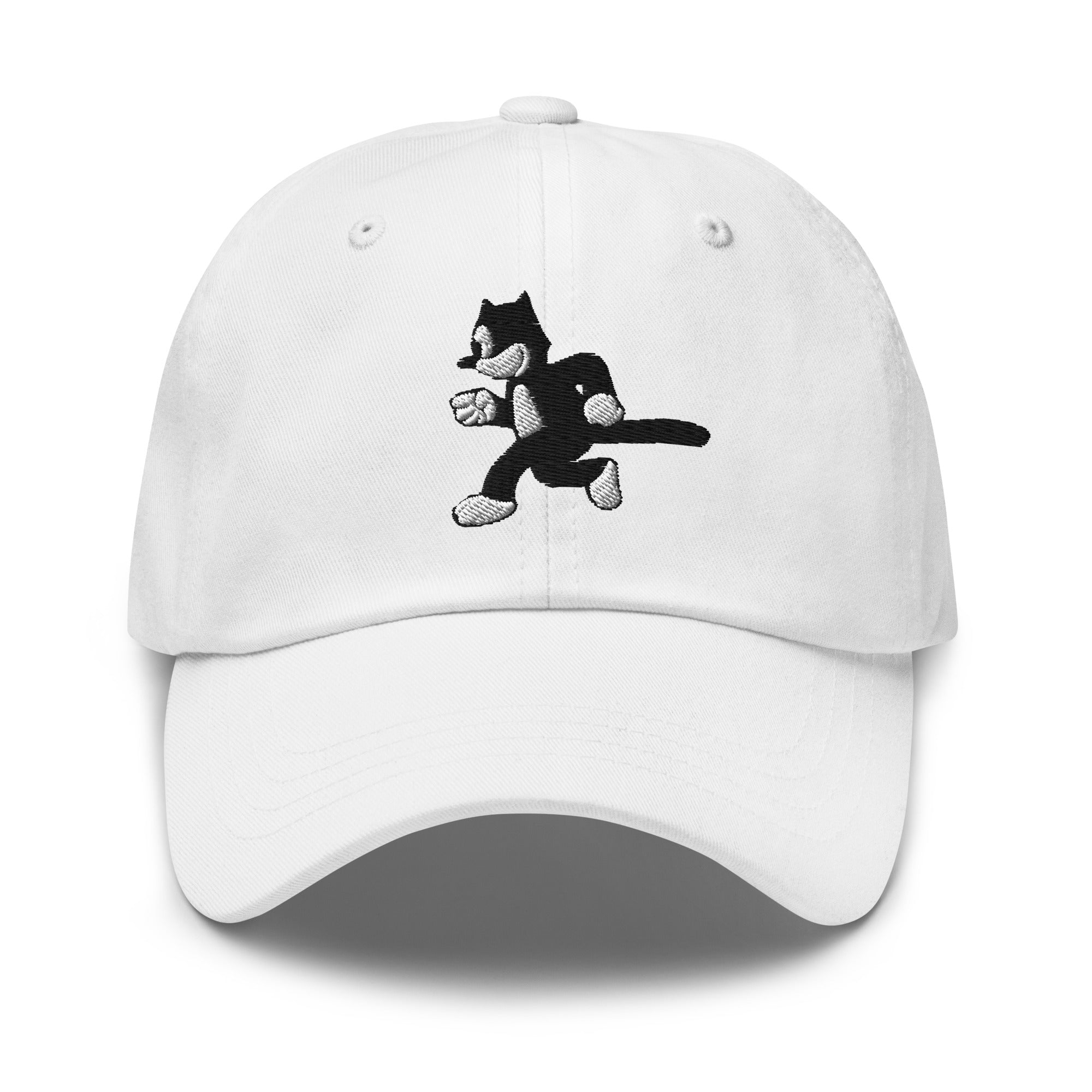 White dad hat featuring a 1925 Julius the Cat design from Disney’s early animation era