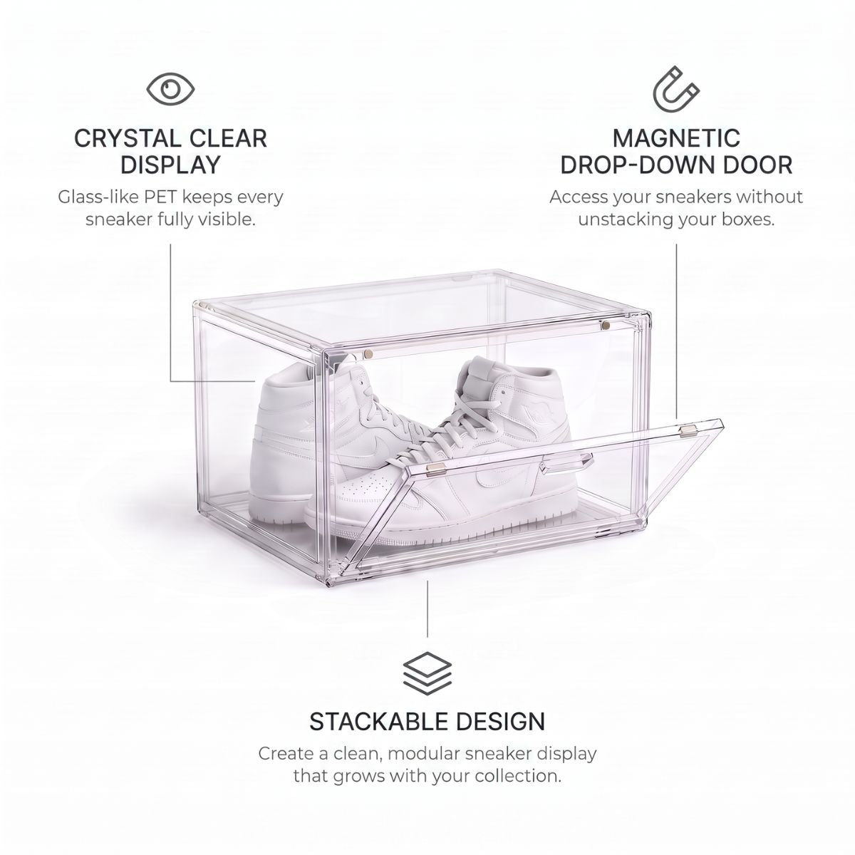 Transparent sneaker box with white sneakers inside, shown on a light gray background with feature callouts: crystal clear display, magnetic drop-down door, and stackable design.