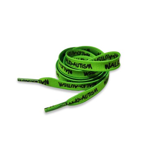 Bright green shoelaces with black 'WALK AUTISM' text printed repeatedly, coiled on a white background.