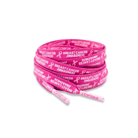 Pink shoelaces printed with 'BREAST CANCER AWARENESS' and pink awareness ribbons, coiled on a white background.