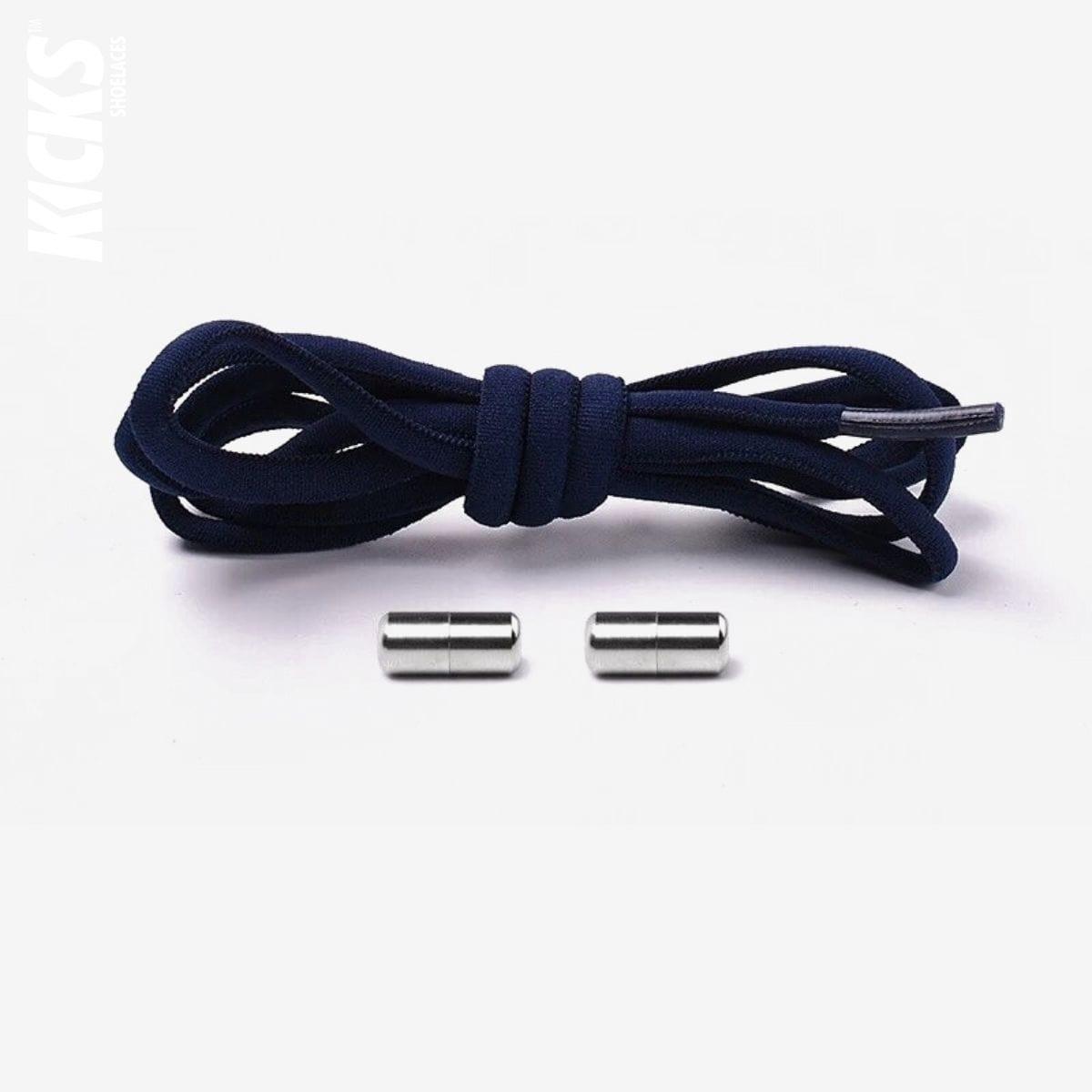 Dark blue oval no-tie elastic shoelaces with capsule lock system by Kicks Shoelaces