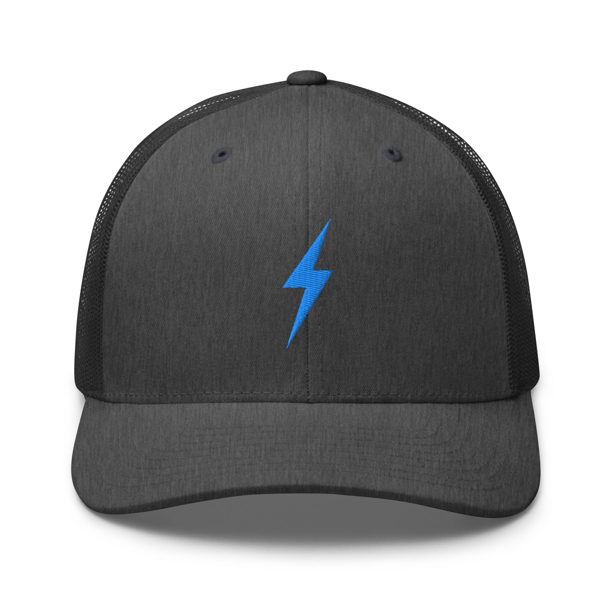 Dark grey trucker hat with an embroidered sky blue lightning bolt design on the front panel