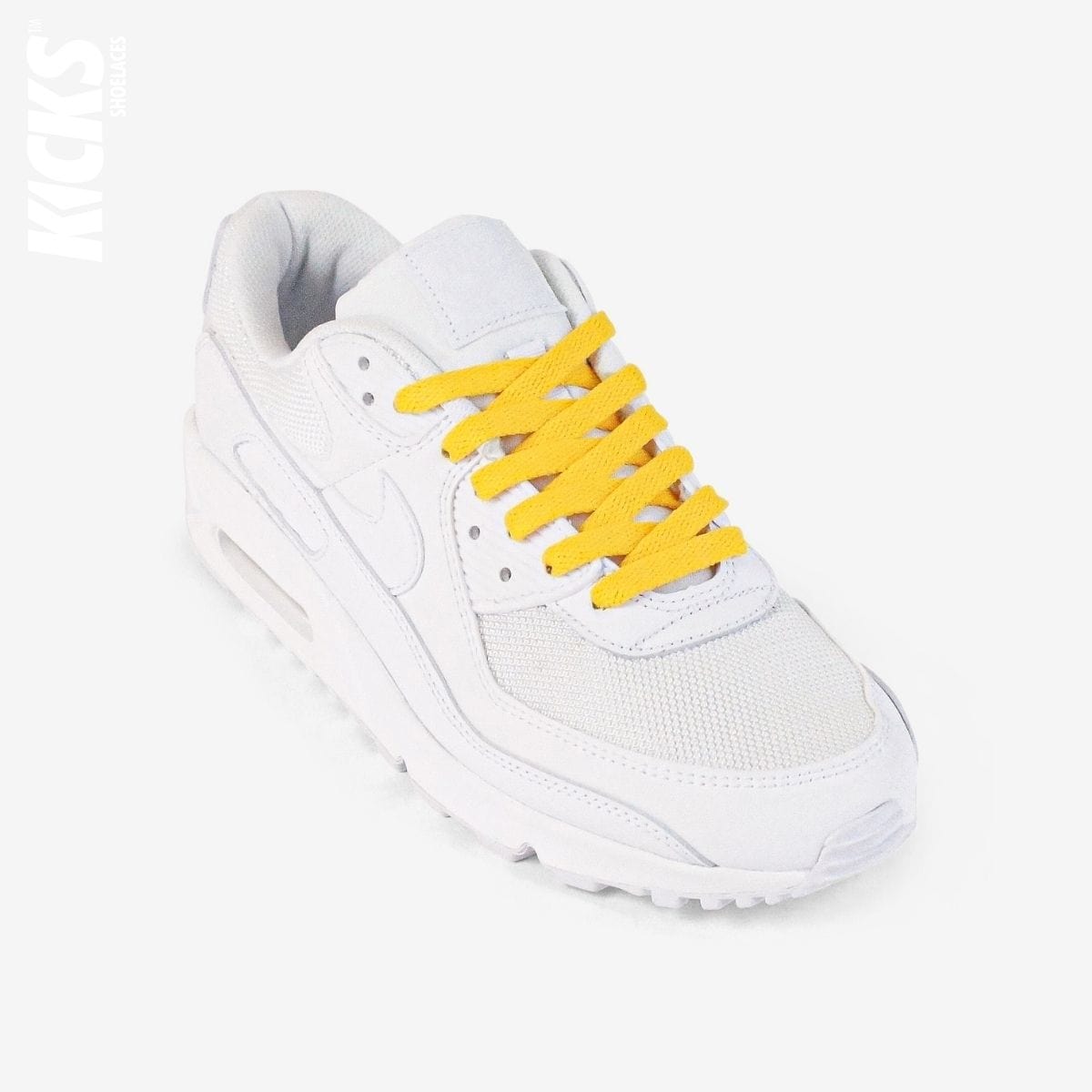 novelty-shoelaces-on-white-sneaker-using-kids-golden-yellow-flat-shoelaces