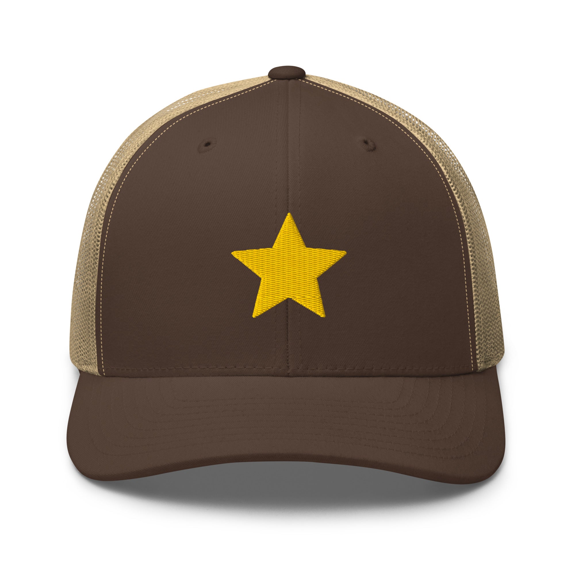 Gold Star brown and khaki Trucker Cap with structured front, mesh back, and embroidered gold star detail by Kicks Shoelaces