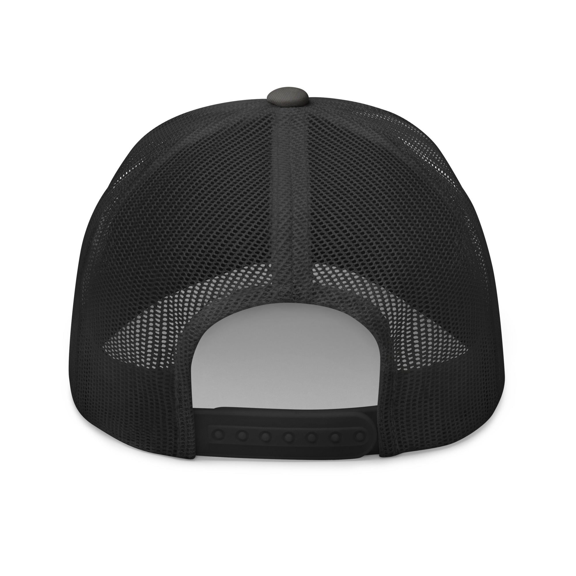 Rear view of Gold Star charcoal Trucker Cap with adjustable snapback closure