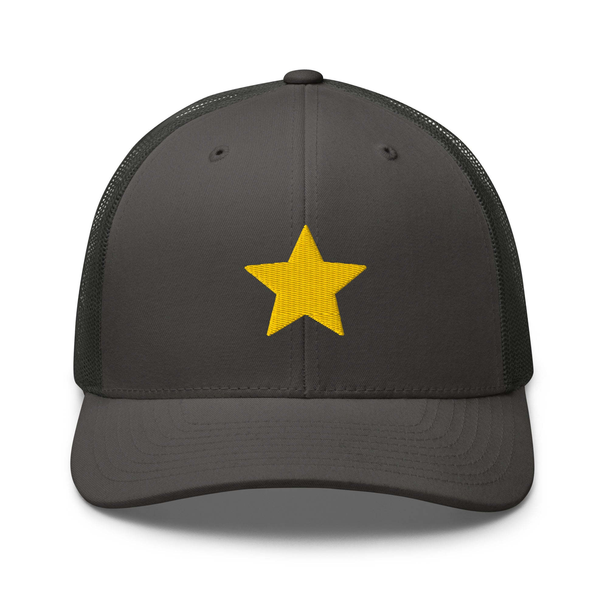 Gold Star charcoal Trucker Cap with structured front, mesh back, and embroidered gold star detail by Kicks Shoelaces