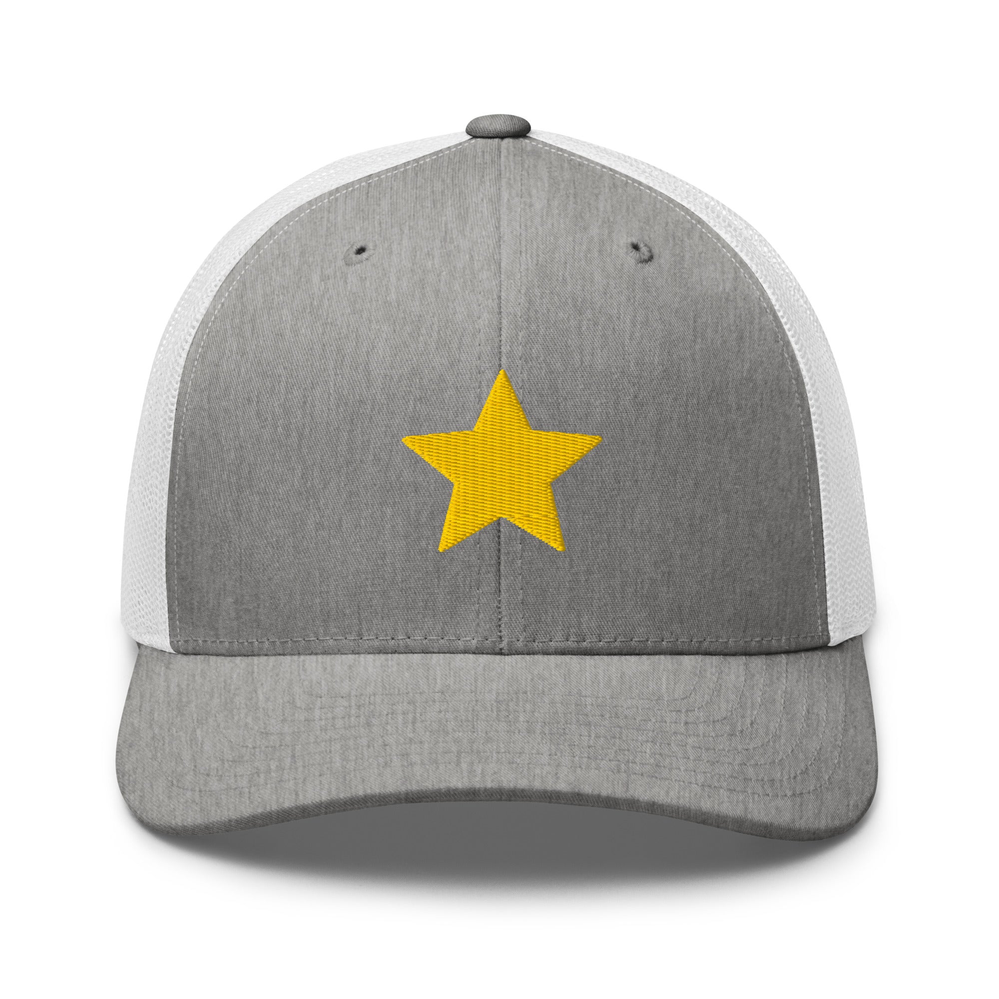 Gold Star heather and grey Trucker Cap with structured front, mesh back, and embroidered gold star detail by Kicks Shoelaces