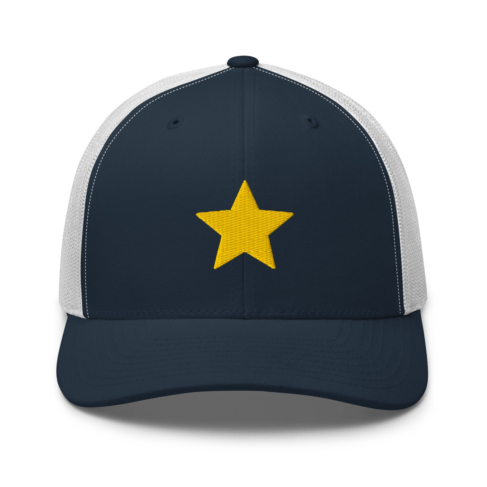 Gold Star navy and white Trucker Cap with structured front, mesh back, and embroidered gold star detail by Kicks Shoelaces