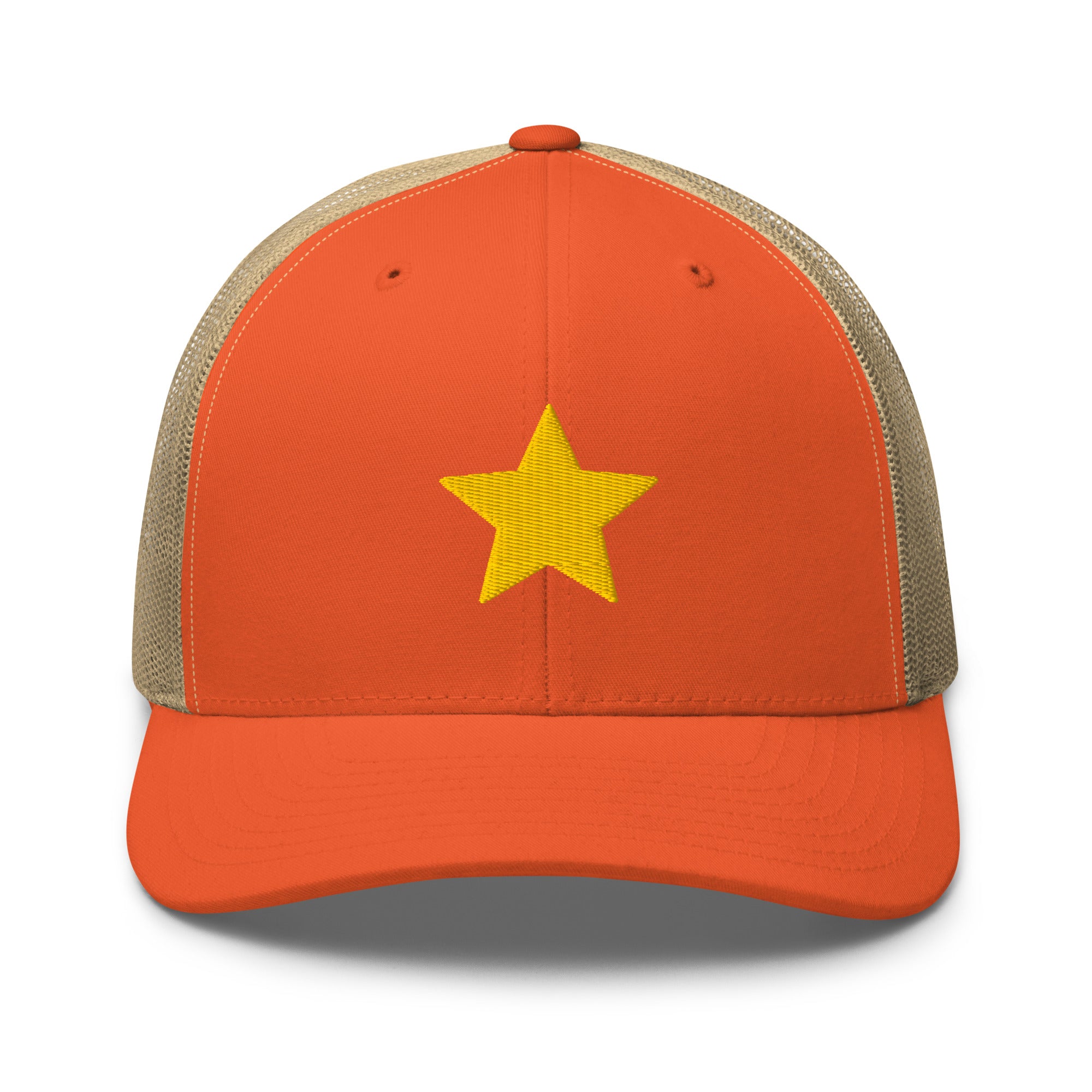 Gold Star orange and khaki Trucker Cap with structured front, mesh back, and embroidered gold star detail by Kicks Shoelaces