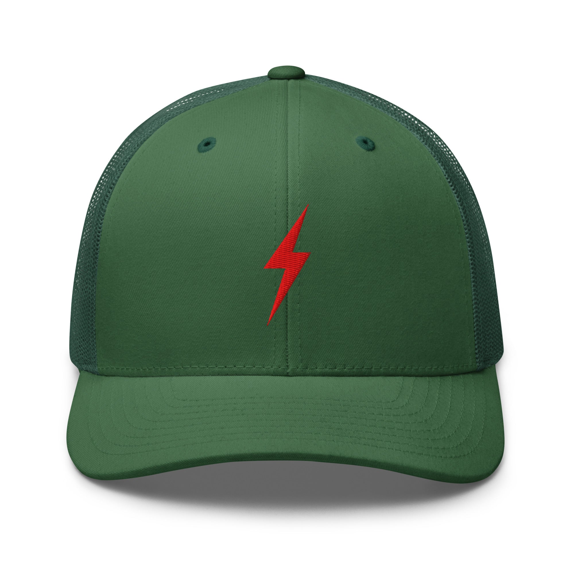 Green trucker hat with an embroidered red lightning bolt design on the front panel