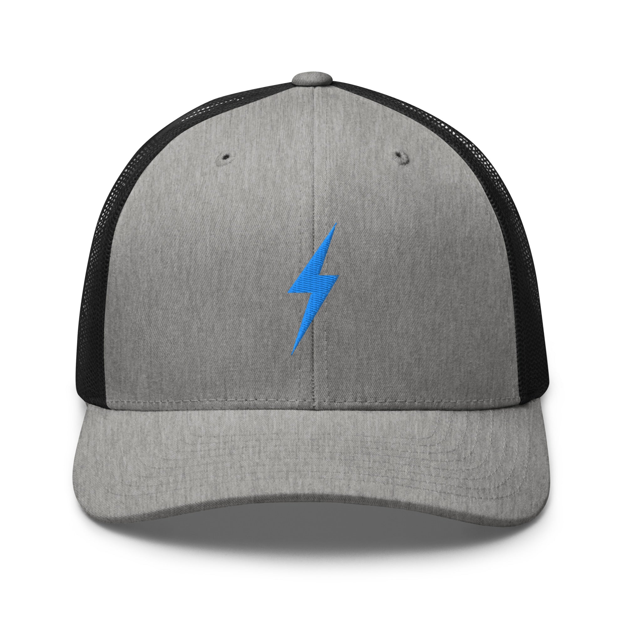 Grey and black trucker hat with a sky blue lightning bolt design on front panel