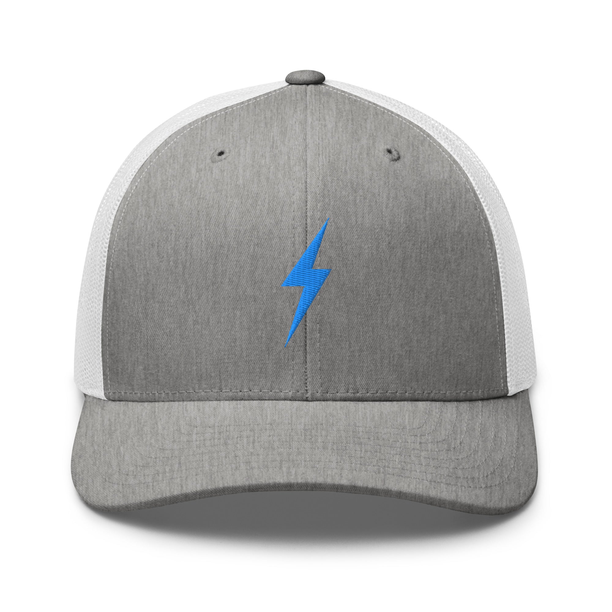 Grey and white trucker hat with a sky blue lightning bolt design on front panel