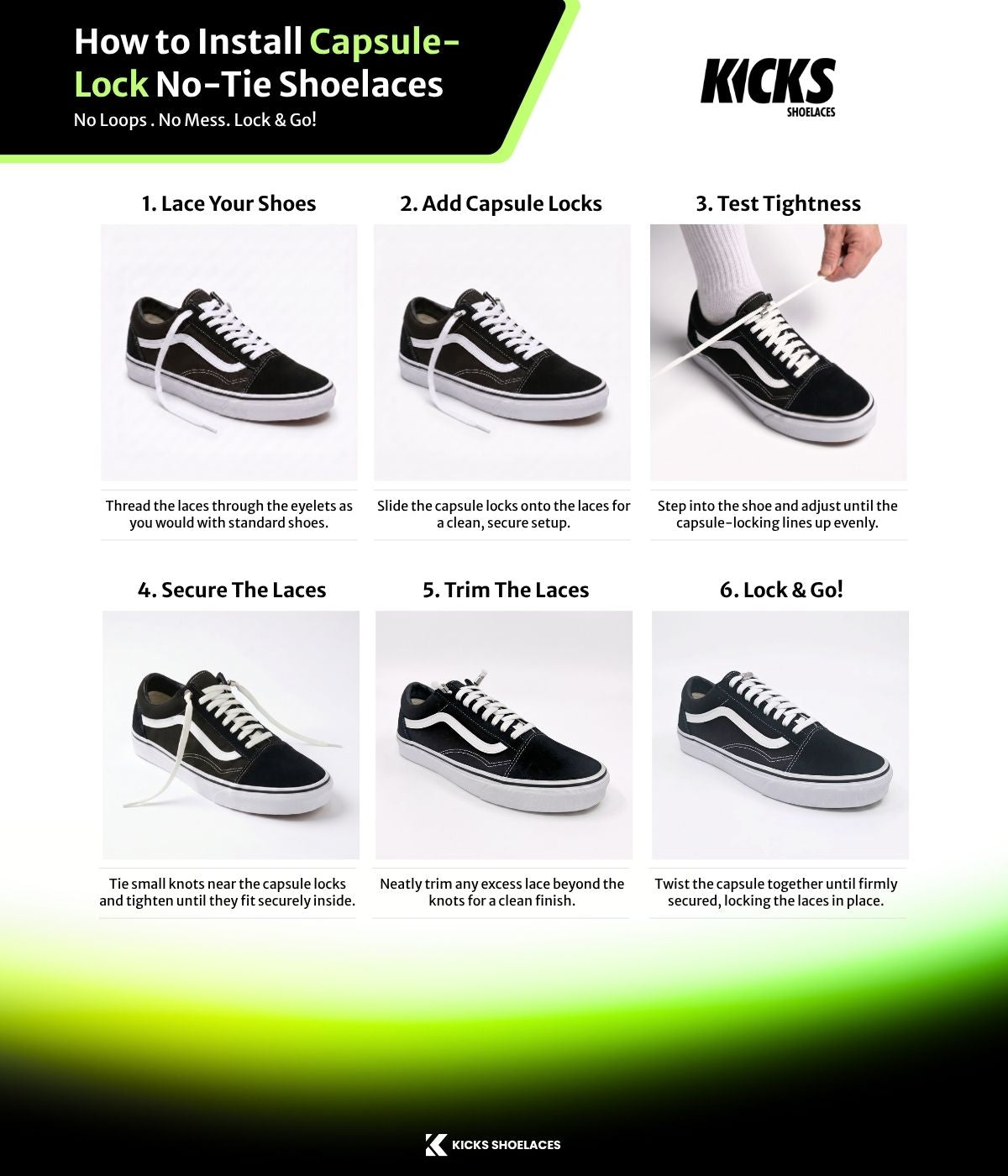 Step-by-step infographic showing how to install capsule-lock no-tie shoelaces, including threading, locking, knotting, trimming, and securing the capsule locks by Kicks Shoelaces.