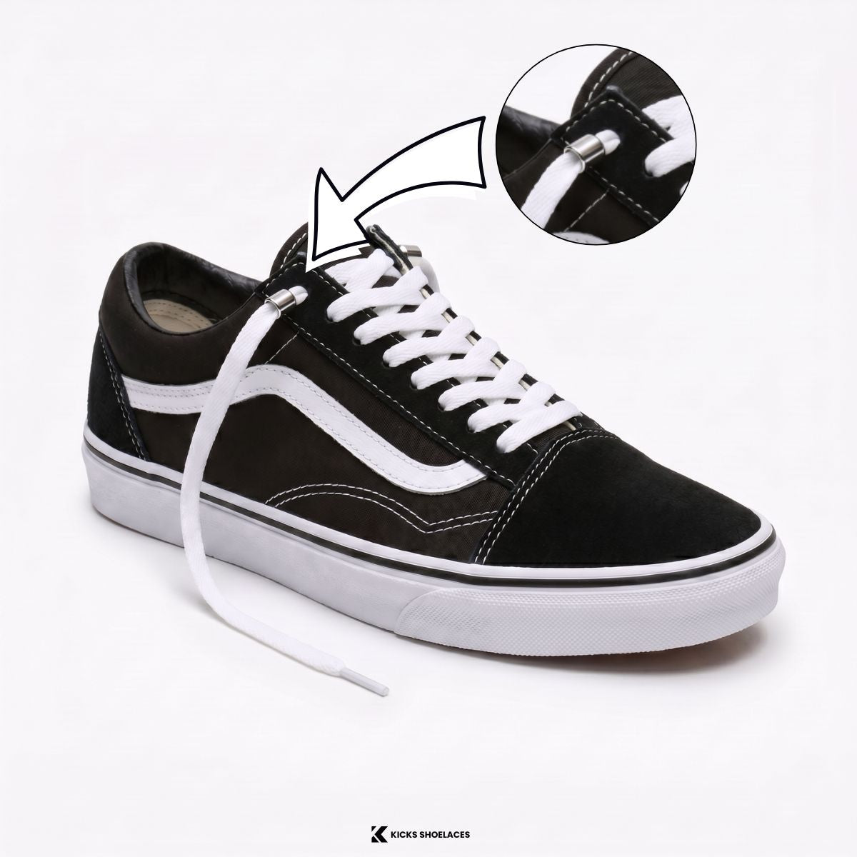 Silver capsule locks being threaded onto elastic no-tie shoelaces and pushed toward the edge of the shoe near the top eyelets.