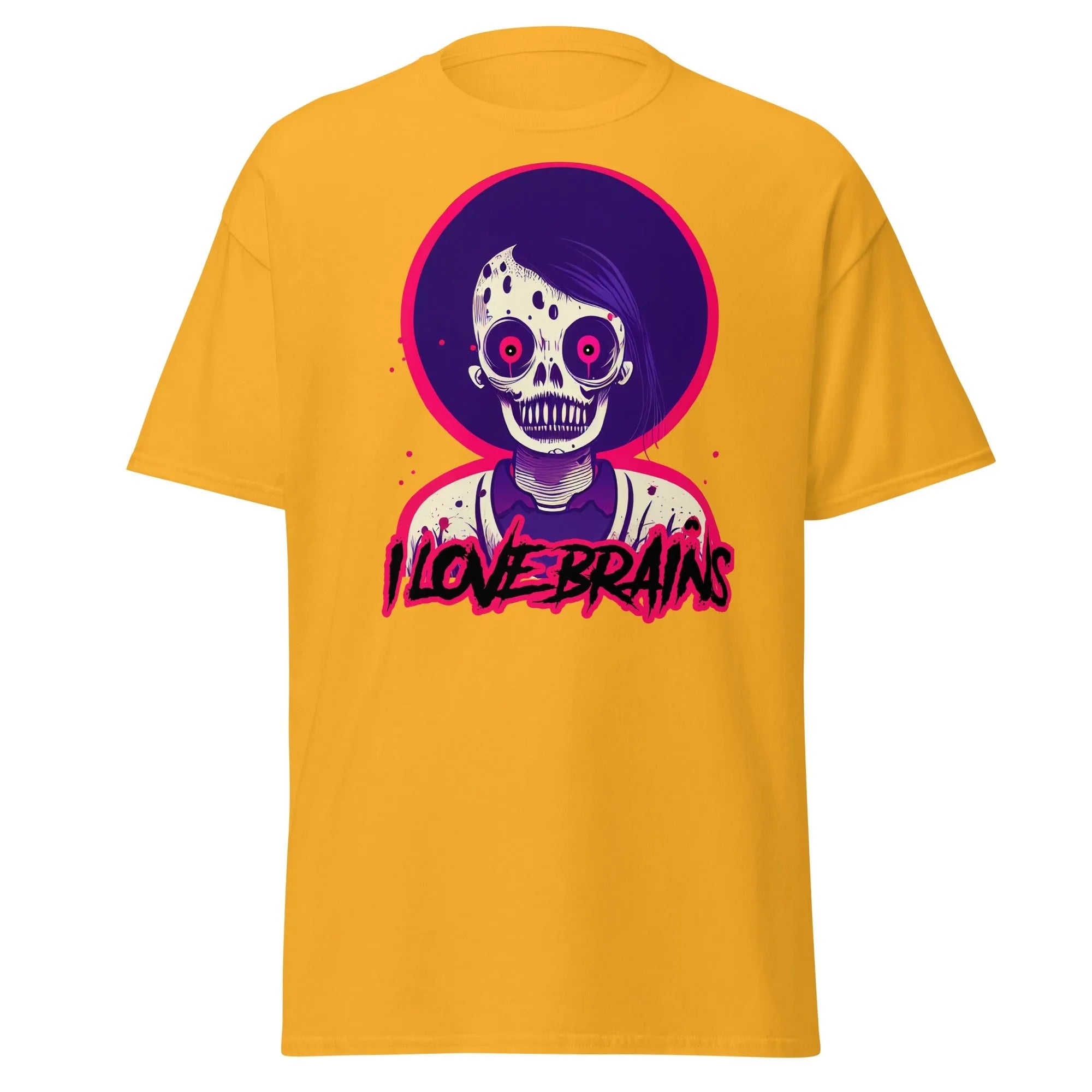 I Love Brains gold Halloween T-shirt features a cartoon zombie with  I LOVE BRAINS in stylized letters below the image.