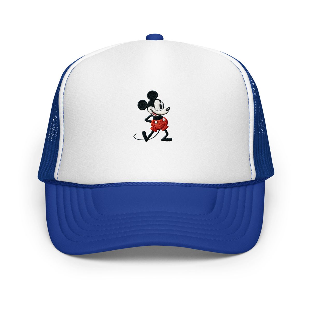Blue and white foam trucker hat with a 1928 Mickey Mouse cartoon character embroidered on it.
