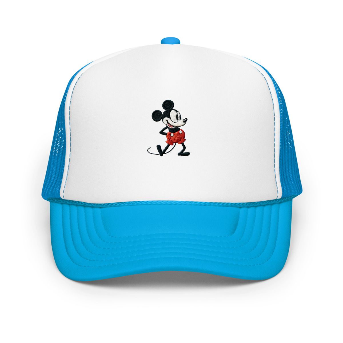 Sky blue and white foam trucker hat with a 1928 Mickey Mouse cartoon character embroidered on it.