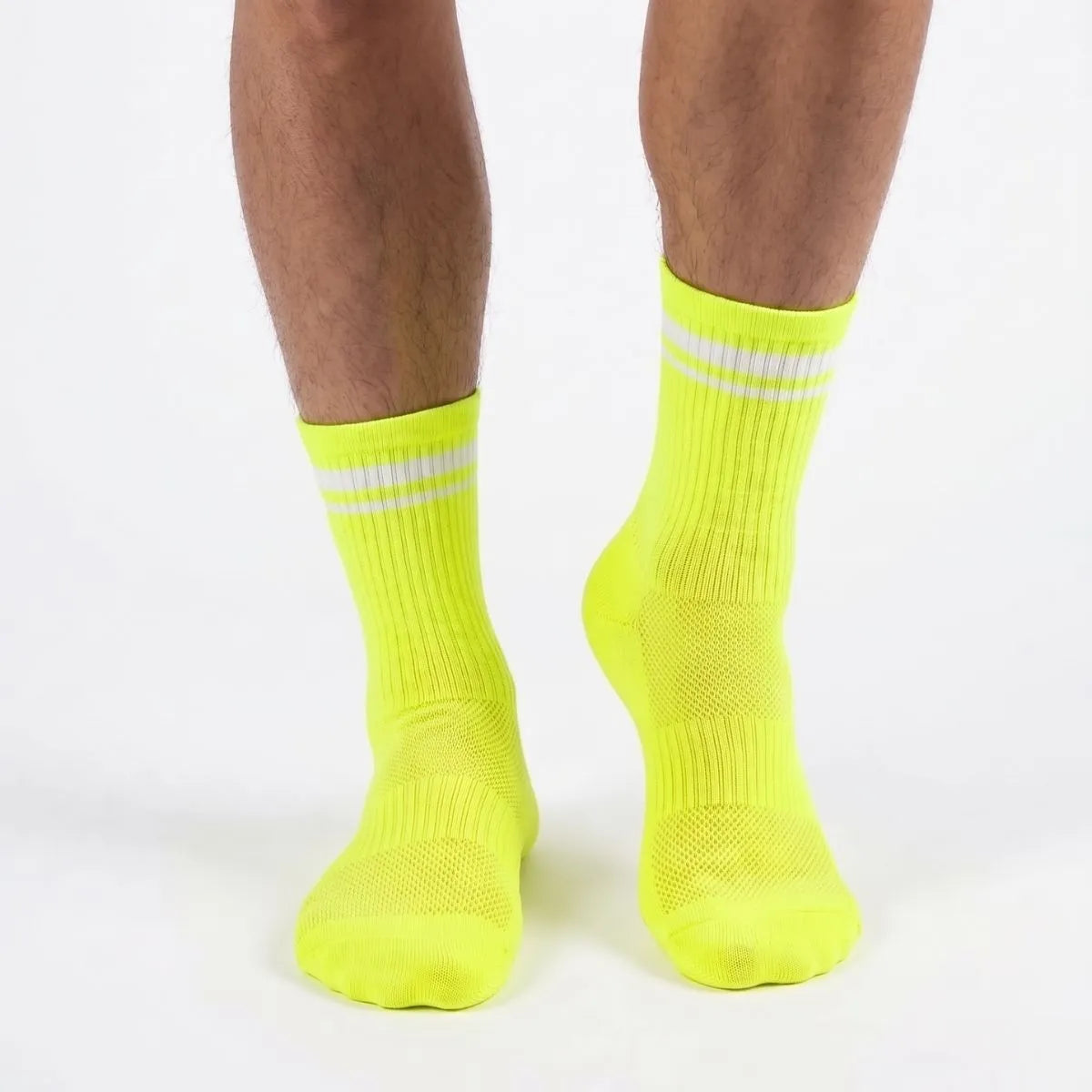 Neon yellow athletic crew socks with mesh ventilation by Kicks Shoelaces