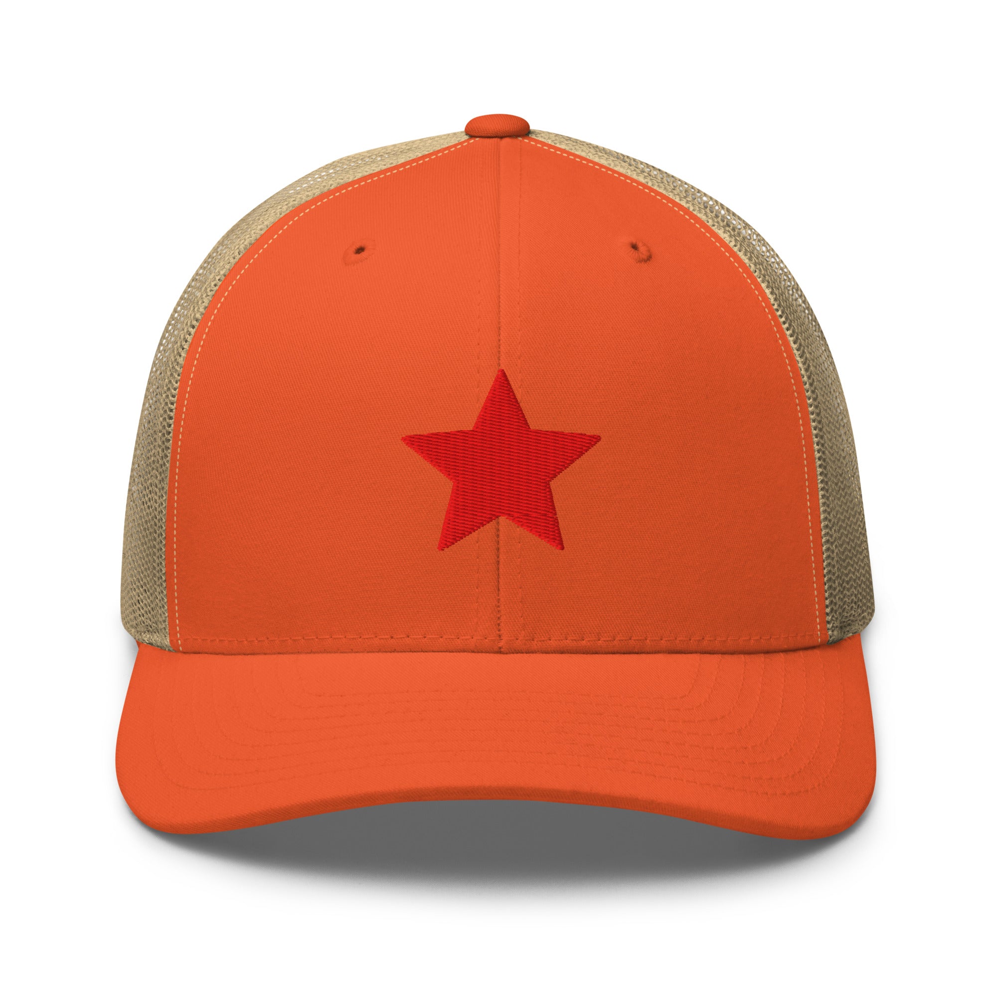Orange and khaki truckers hat with an embroidered red star, structured front, mesh back, and adjustable fit by Kicks Shoelaces