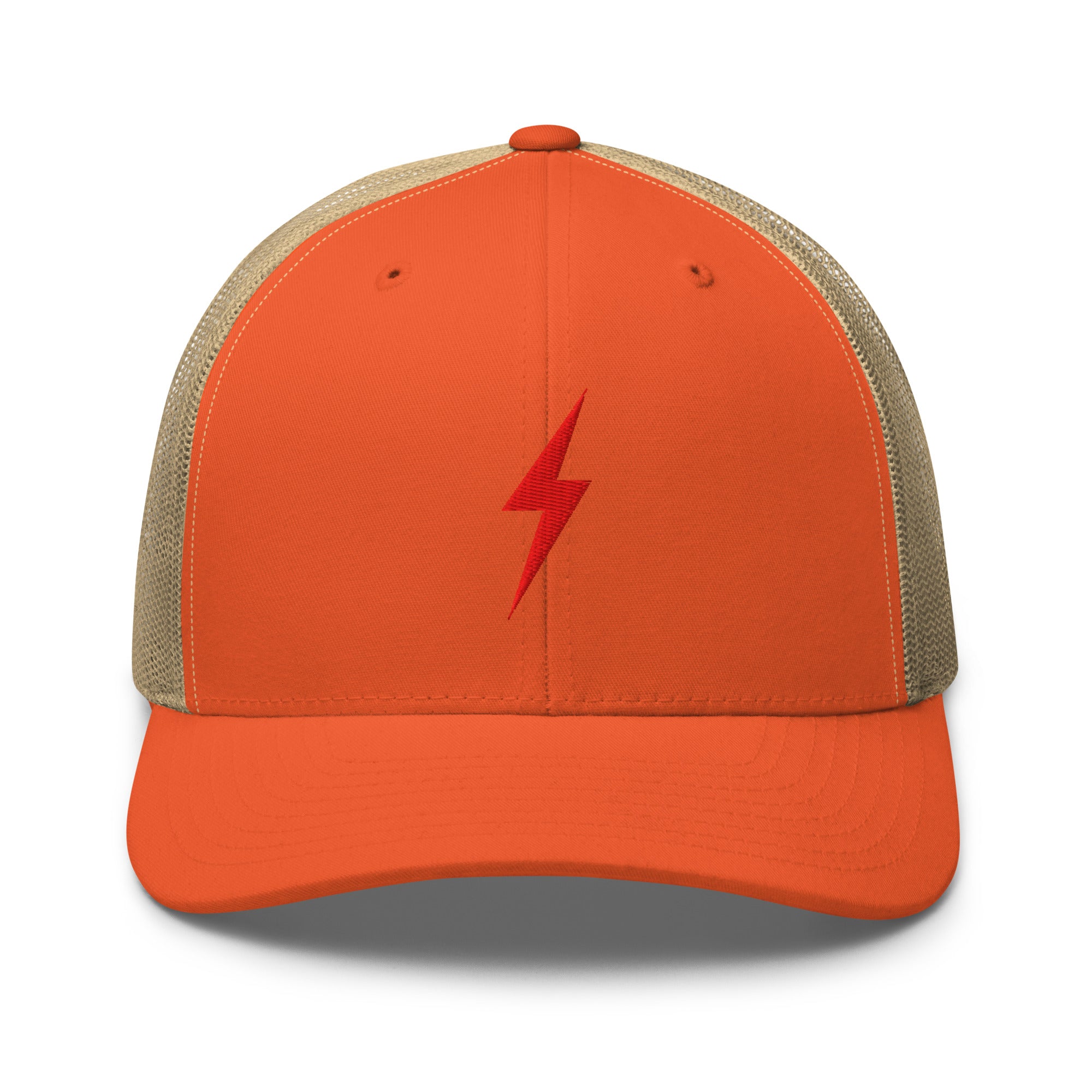 Orange trucker hat with a red lightning bolt design on front panel