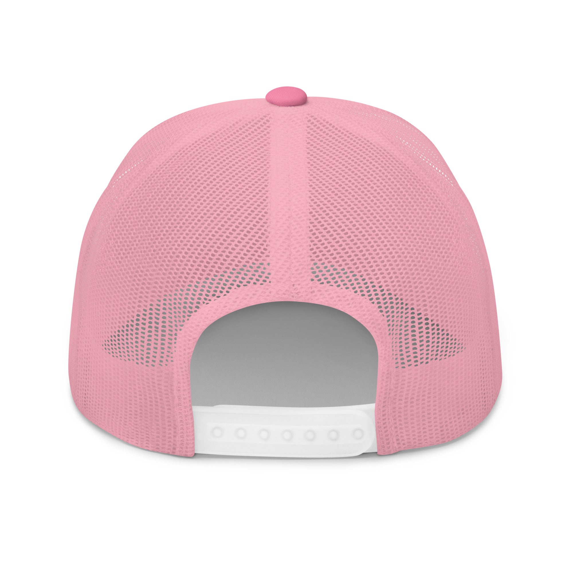 Rear view of pink truckers hat with adjustable snapback closure