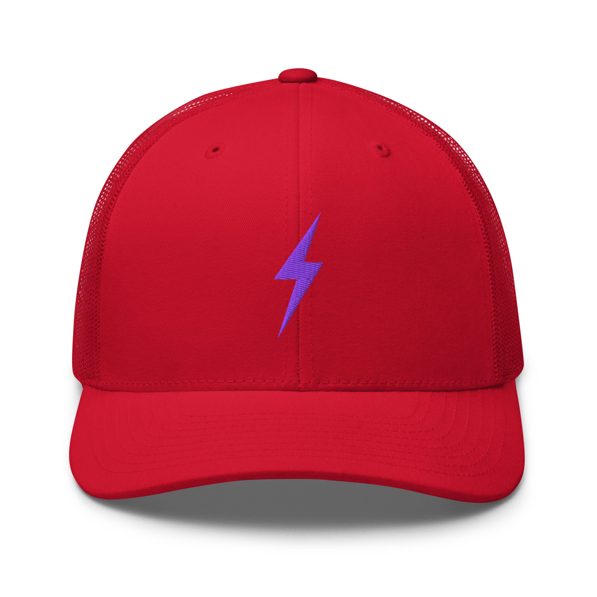 Red trucker hat with an embroidered  purple lightning bolt design on the front panel
