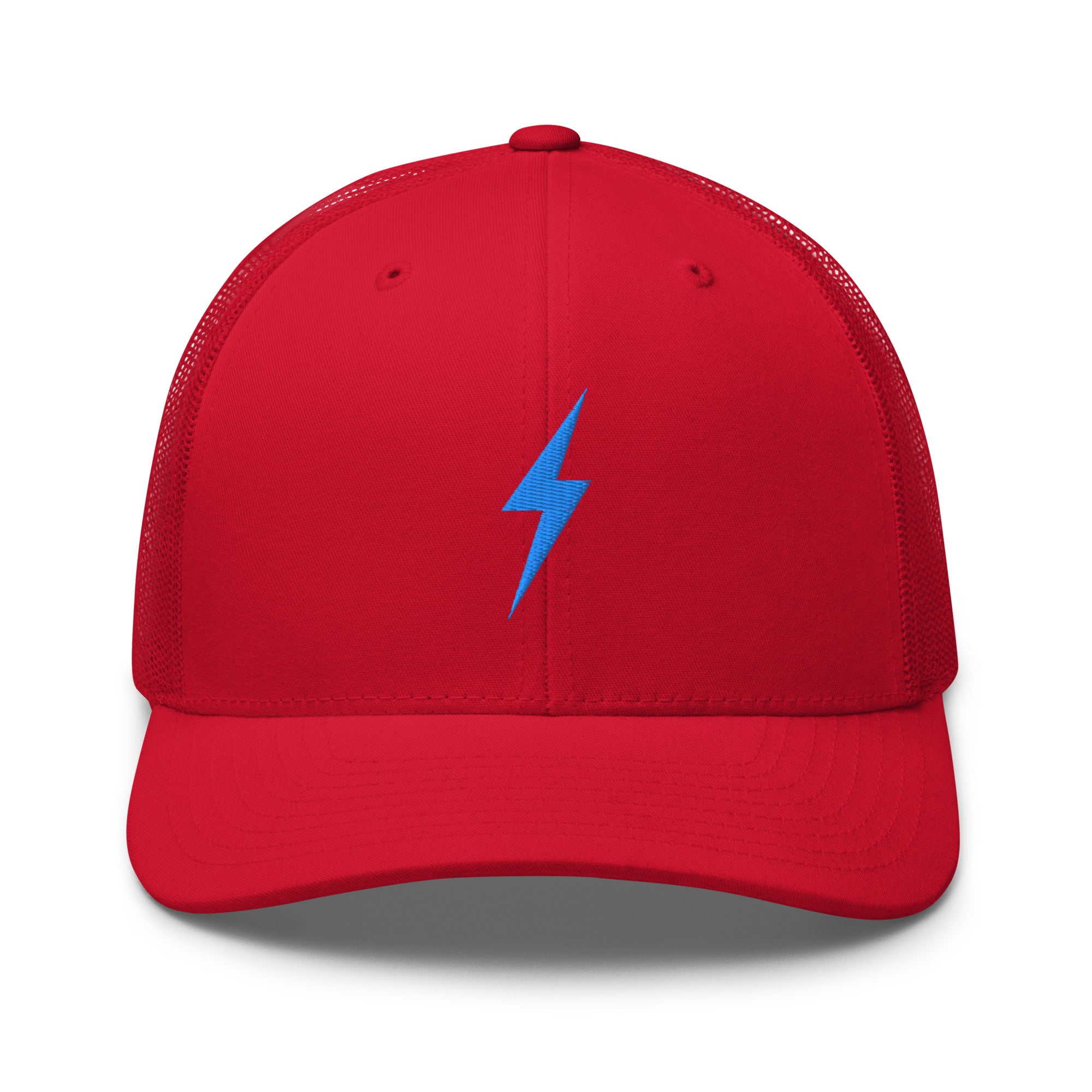Red trucker hat with an embroidered  sky blue lightning bolt design on the front panel
