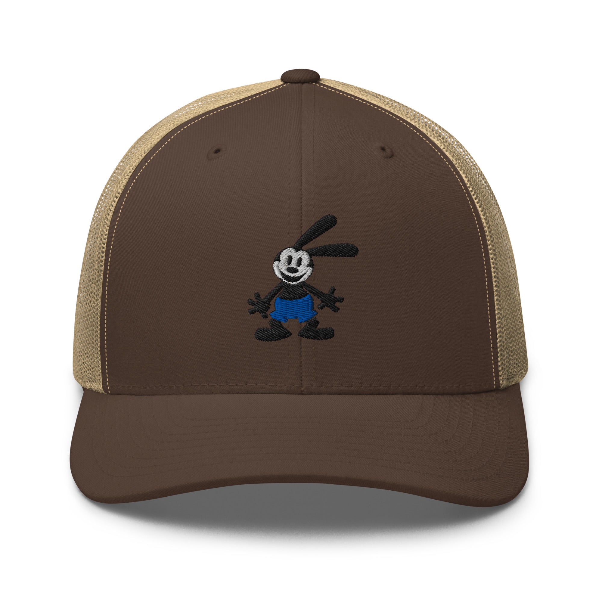 Brown khaki retro trucker hat featuring a 1928 Oswald design from Disney’s early animation era