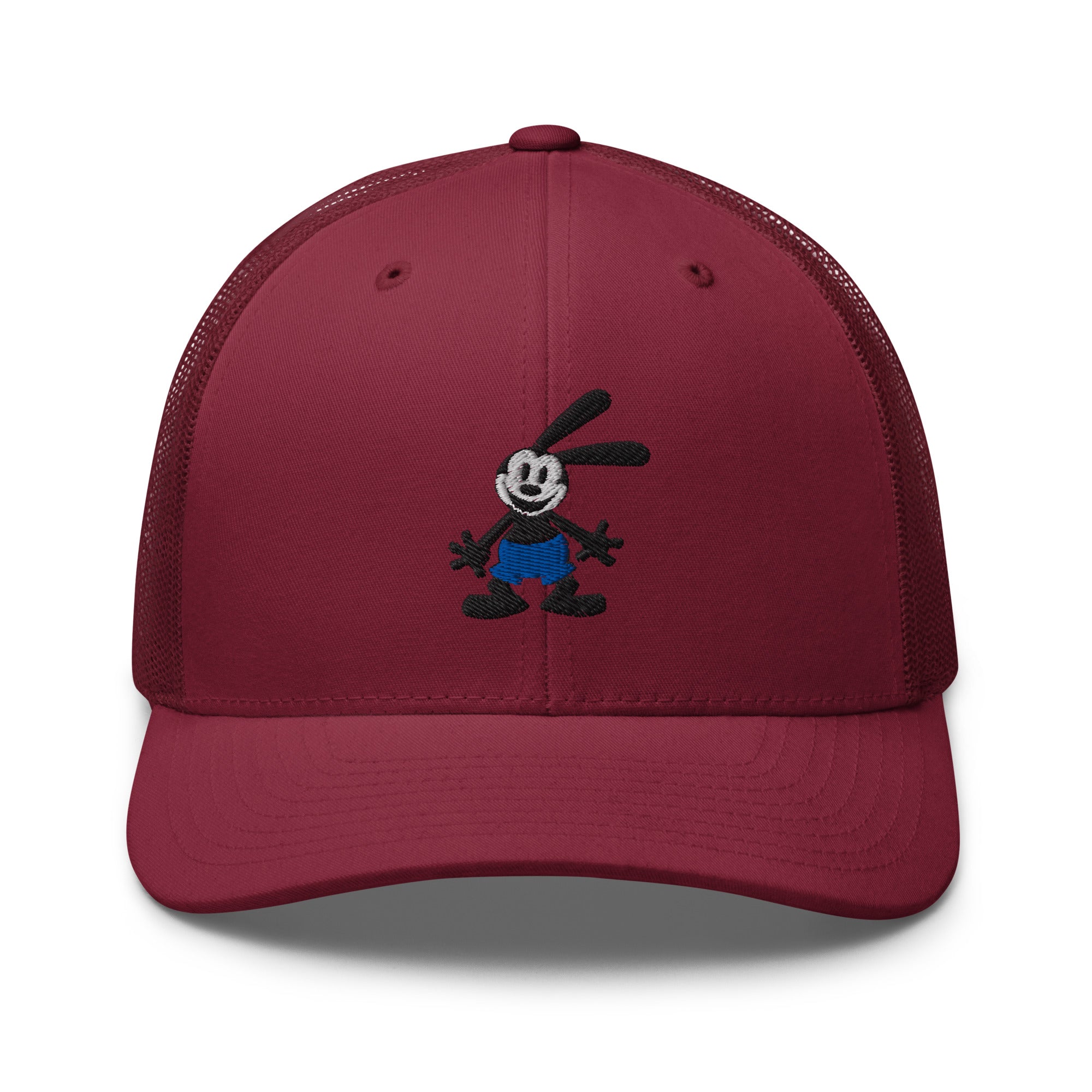 Cranberry retro trucker hat featuring a 1928 Oswald design from Disney’s early animation era