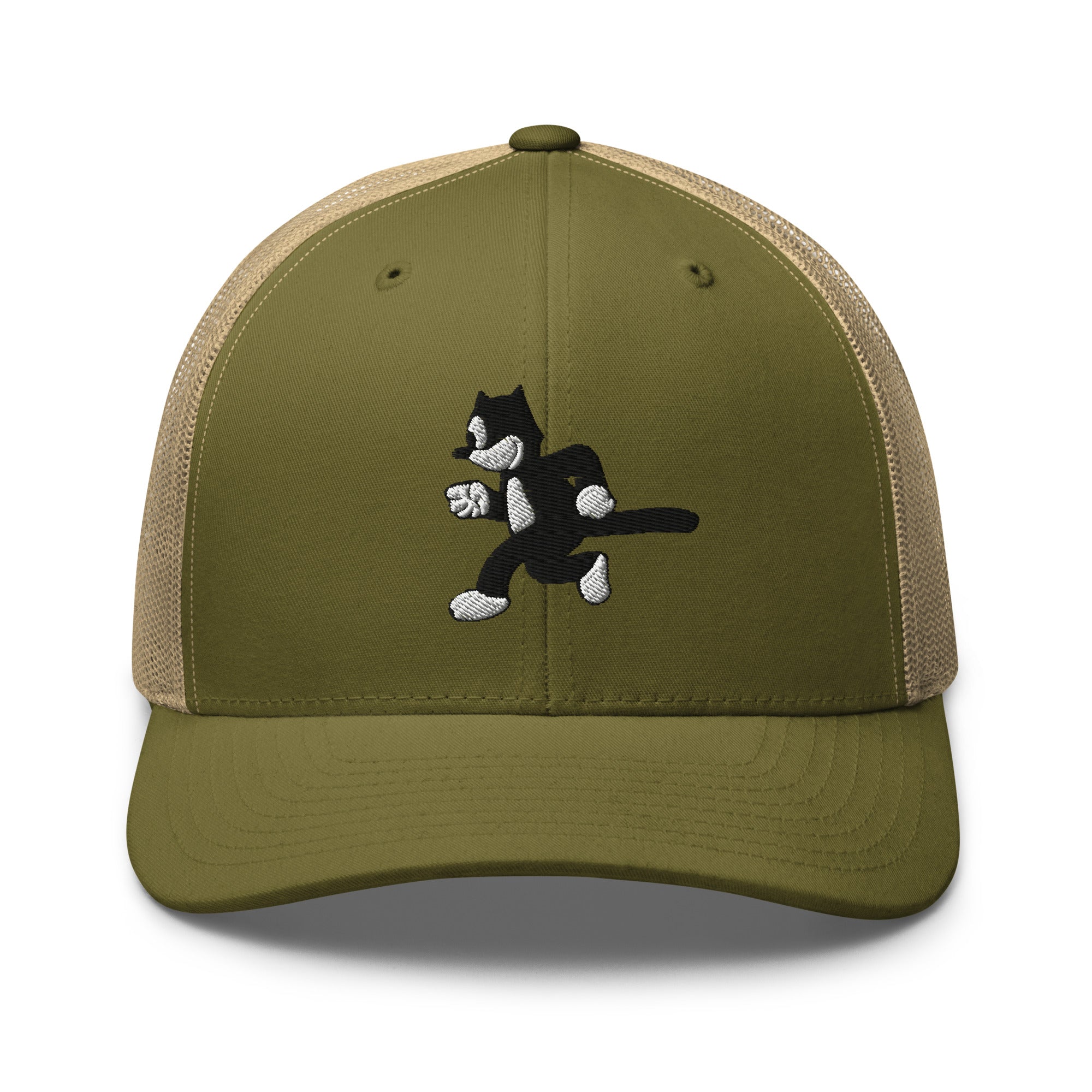 Moss green trucker hat featuring a 1925 Julius the Cat design from Disney’s early animation era