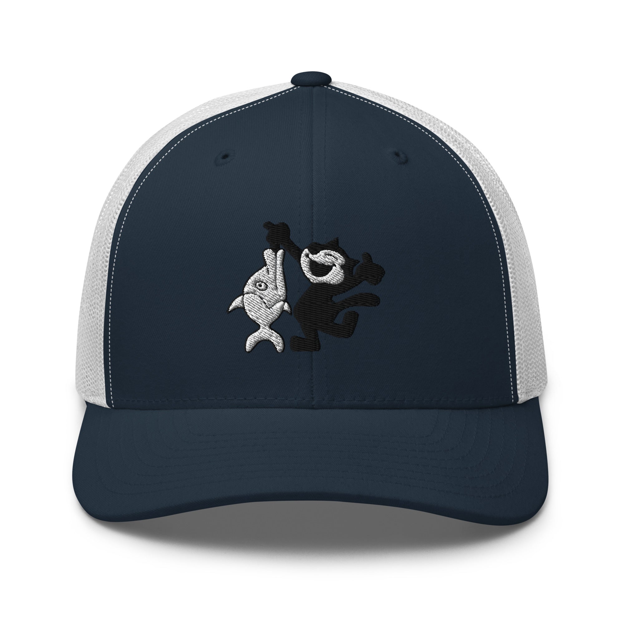 Navy and white trucker hat featuring a 1920 Felix the Cat design with a fish from Disney’s early animation era