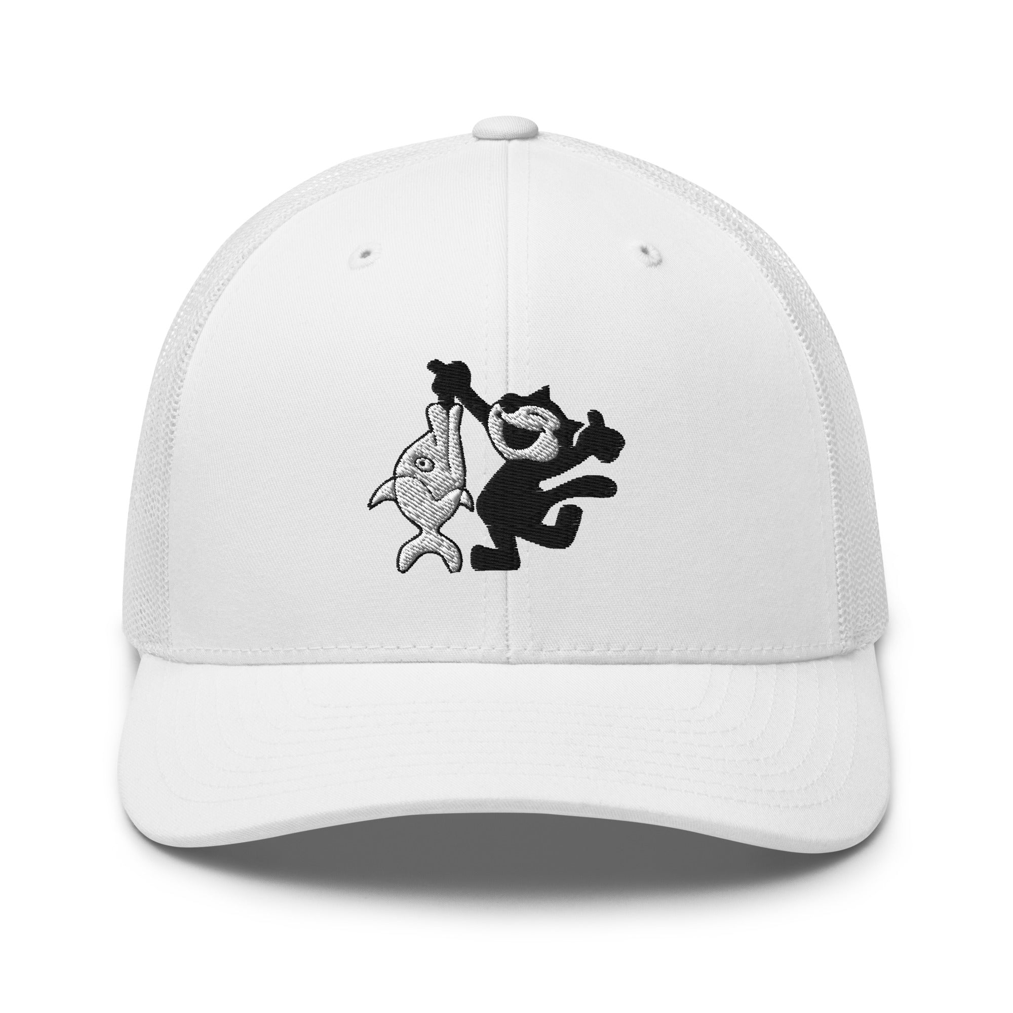 White trucker hat featuring a 1920 Felix the Cat design with a fish from Disney’s early animation era