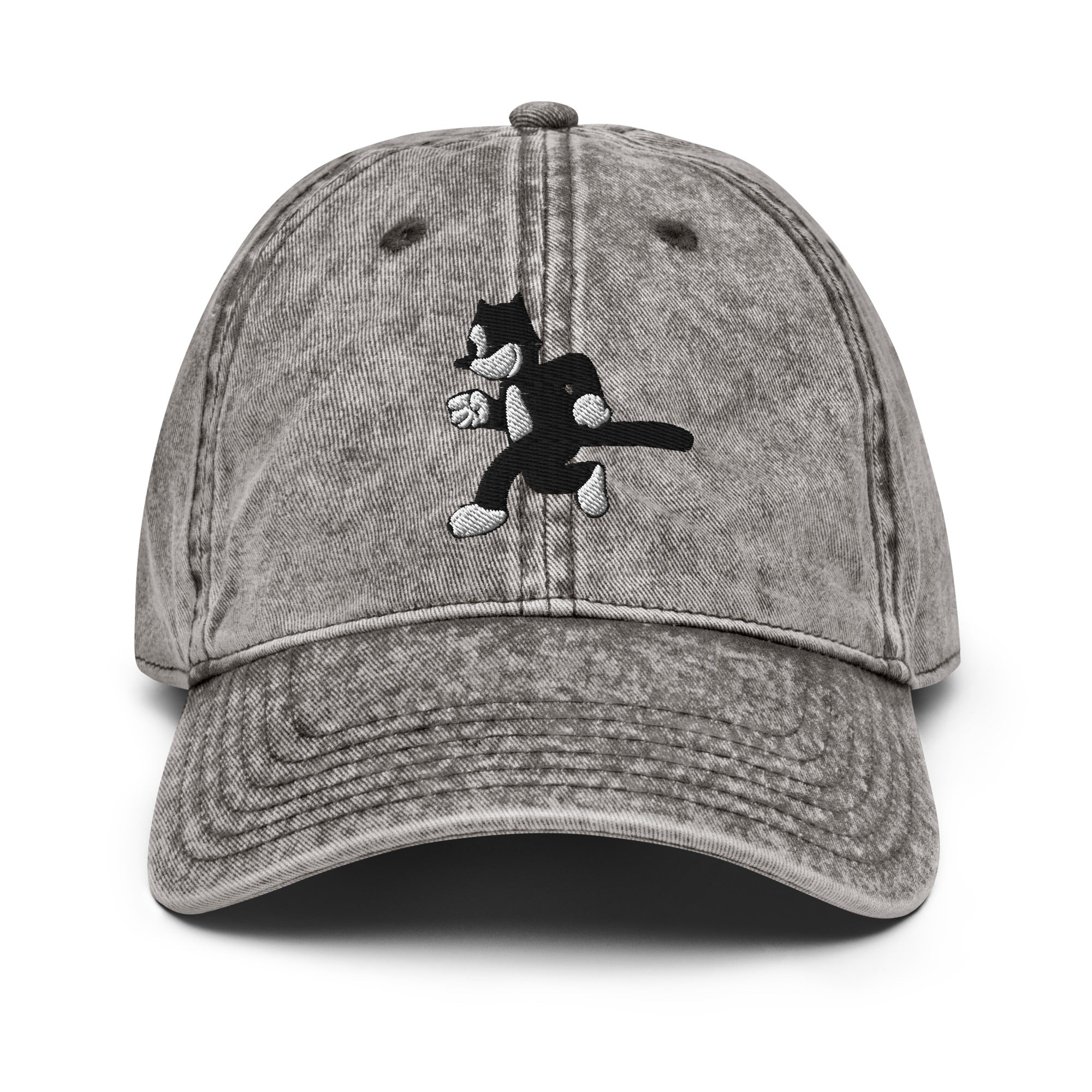 Grey vintage baseball cap featuring a 1925 Julius the Cat design from Disney’s early animation era